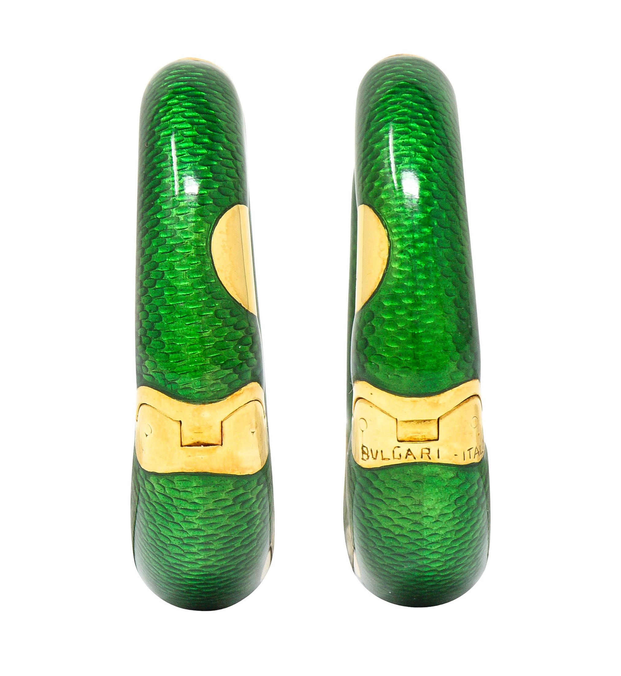 Large Bulgari 1970s Vintage Enamel 18 Karat Gold Hoop Ear-Clip Earrings 1
