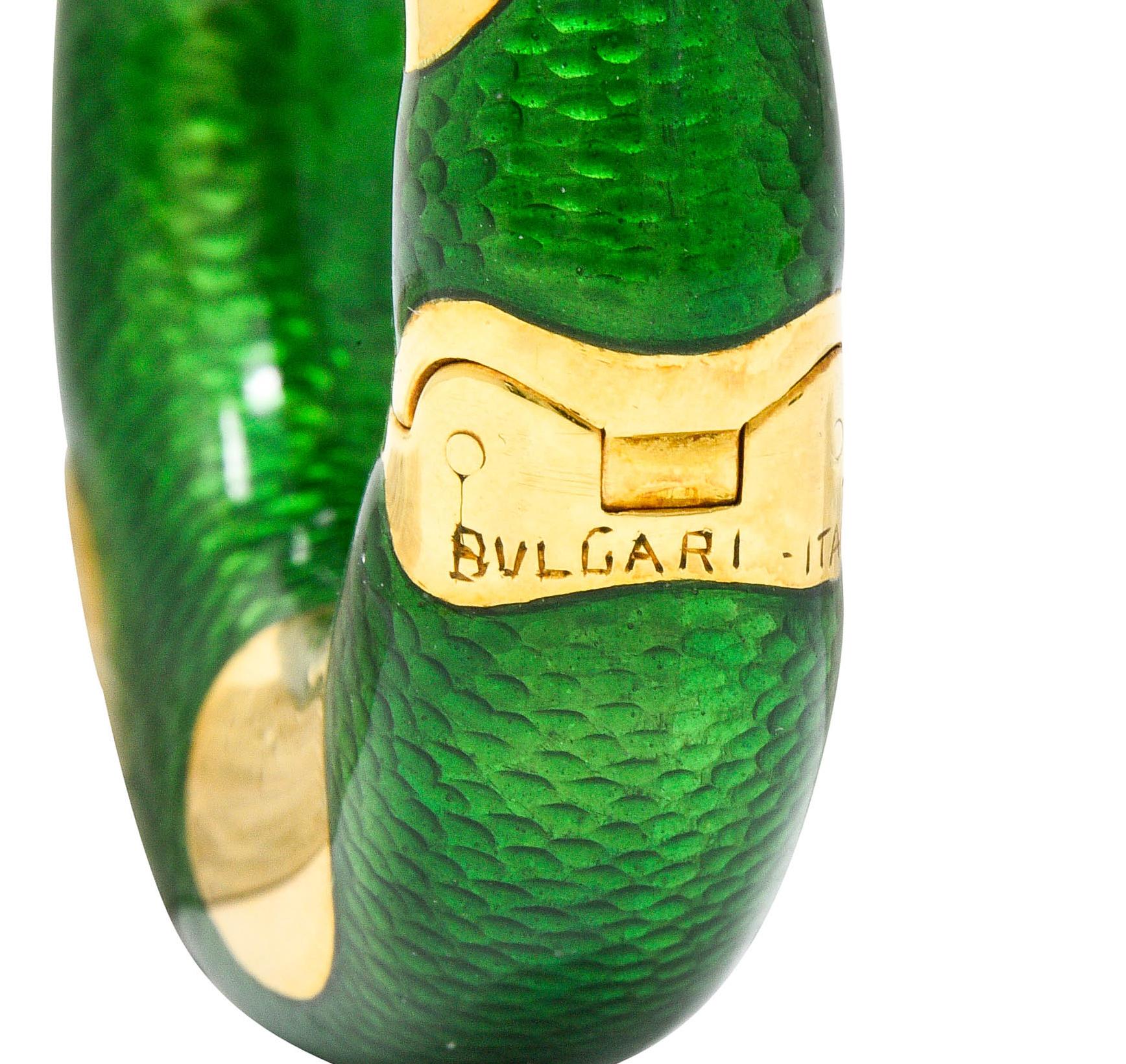 Large Bulgari 1970s Vintage Enamel 18 Karat Gold Hoop Ear-Clip Earrings 2
