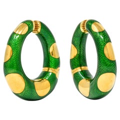 Large Bulgari 1970s Vintage Enamel 18 Karat Gold Hoop Ear-Clip Earrings