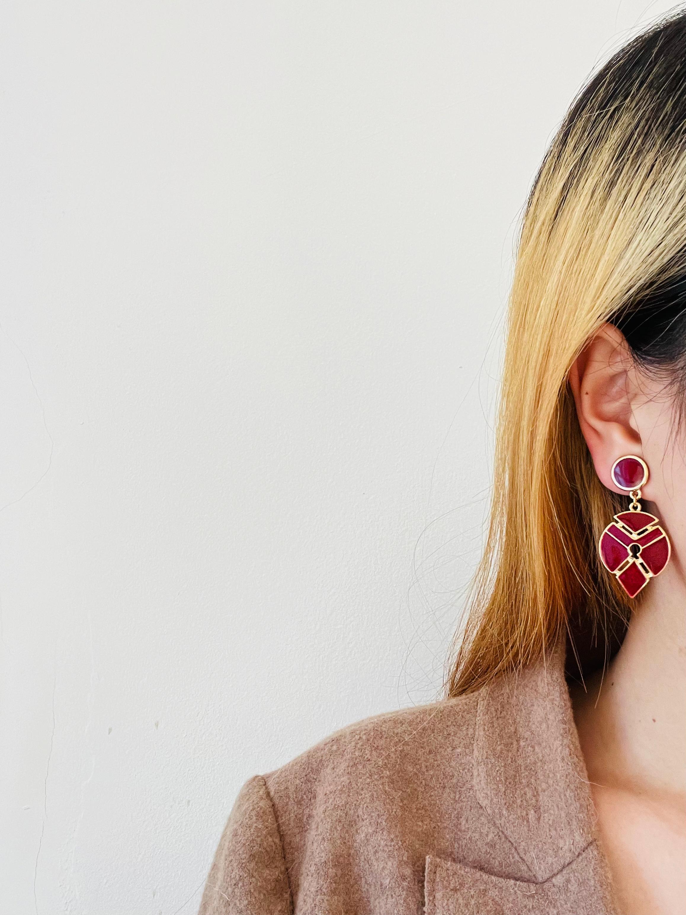 Women's or Men's Large Burgundy Red Enamel Geometric Modernist Water Tear Drop Gold Clip Earrings For Sale