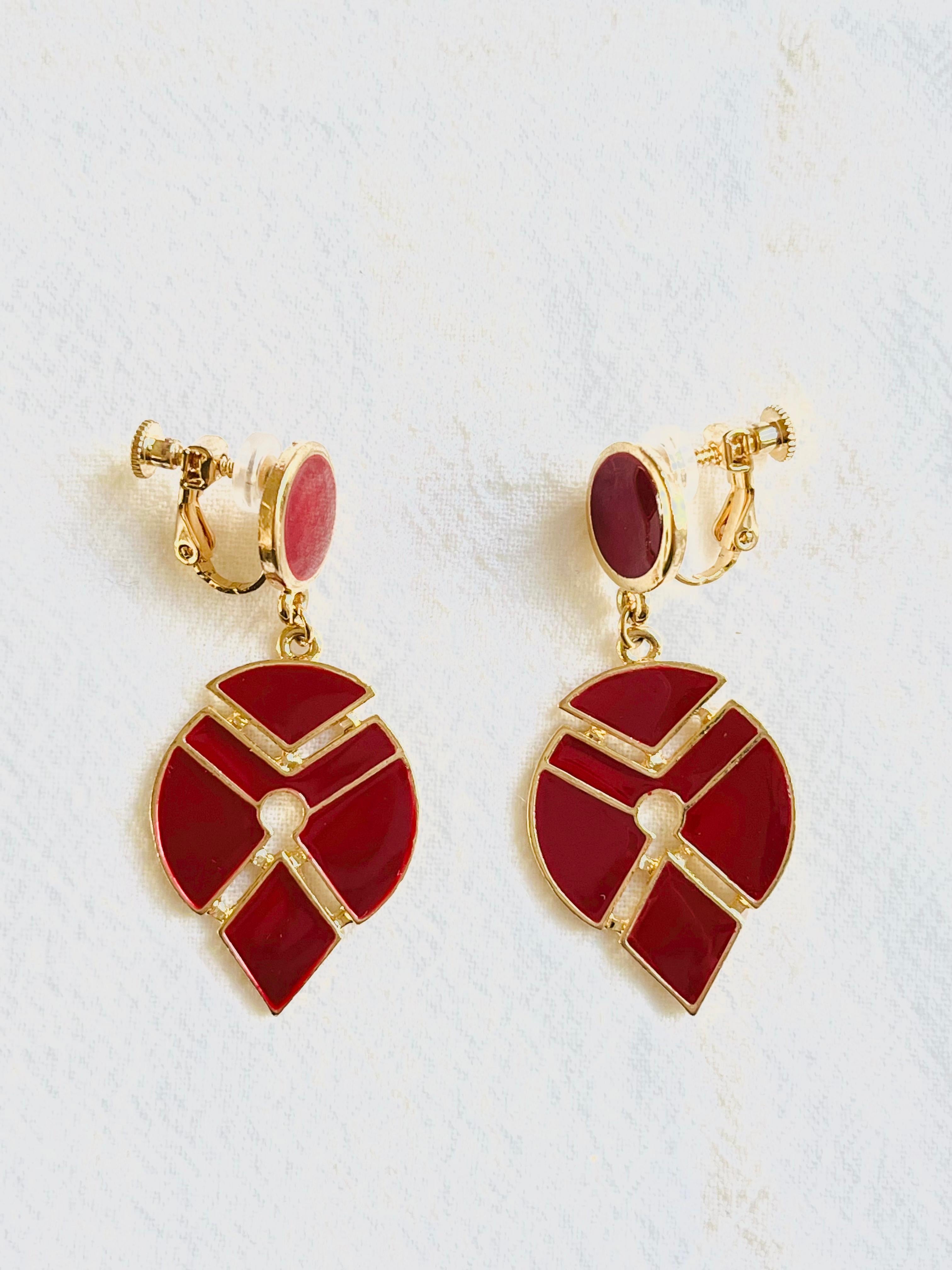 Large Burgundy Red Enamel Geometric Modernist Water Tear Drop Gold Clip Earrings For Sale 1