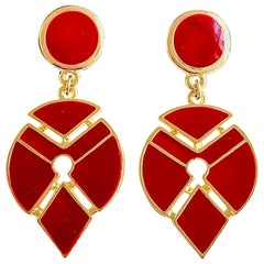 Large Burgundy Red Enamel Geometric Modernist Water Tear Drop Gold Clip Earrings