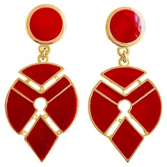 Large Burgundy Red Enamel Geometric Water Tear Drop Openwork Gold Clip Earrings