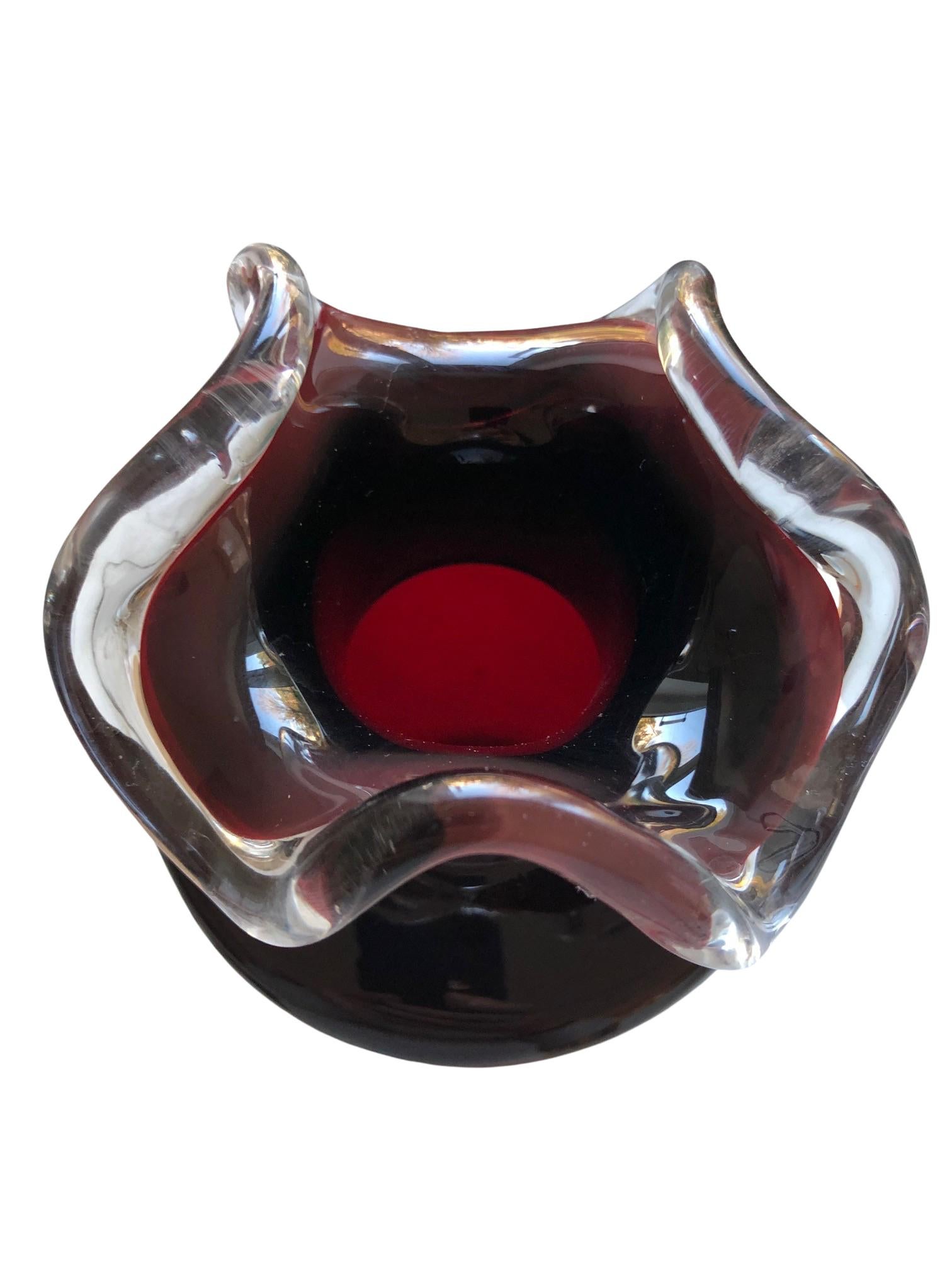 Hand-Carved Large Burgundy Vase with a Frill, Tarnowiec Glassworks, Poland, 1970s For Sale