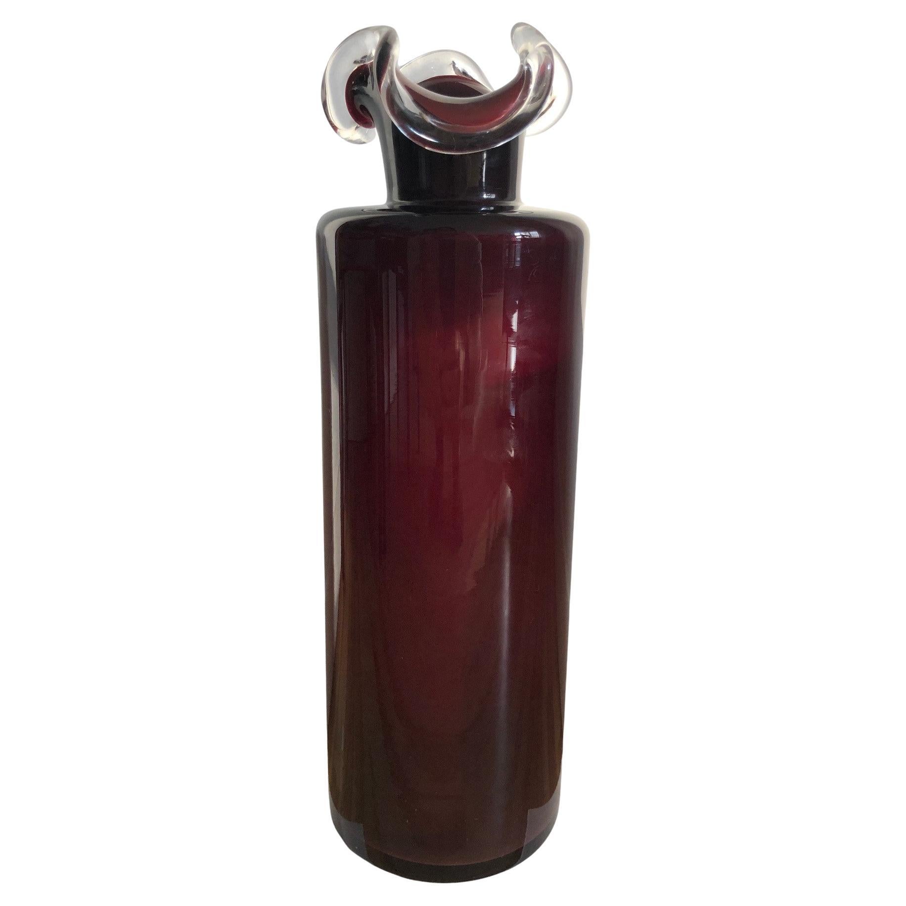 Large Burgundy Vase with a Frill, Tarnowiec Glassworks, Poland, 1970s For Sale
