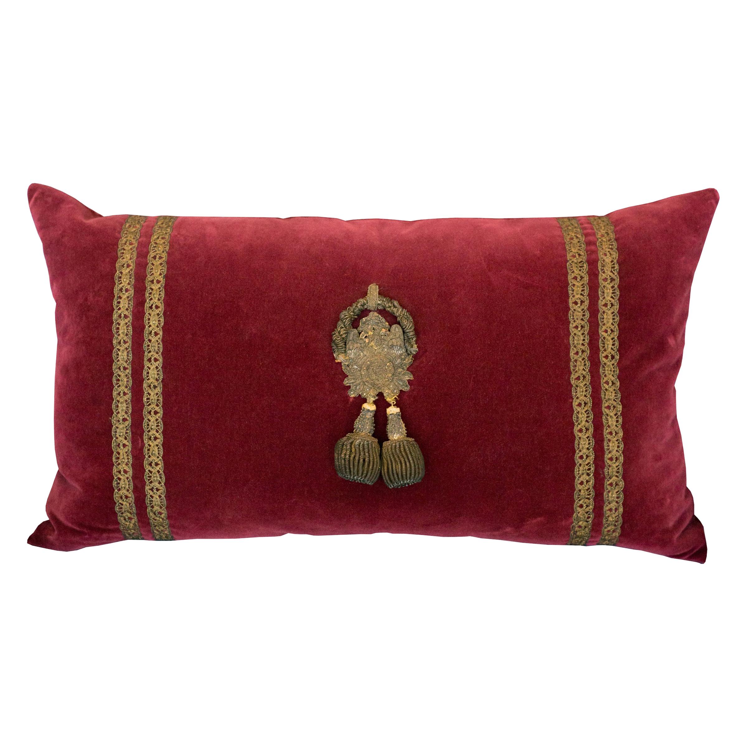 Large Burgundy Velvet Ottoman Pillow with Antique Metallic Trim & Tassels For Sale