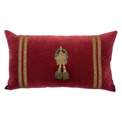Large Burgundy Velvet Ottoman Pillow with Antique Metallic Trim & Tassels