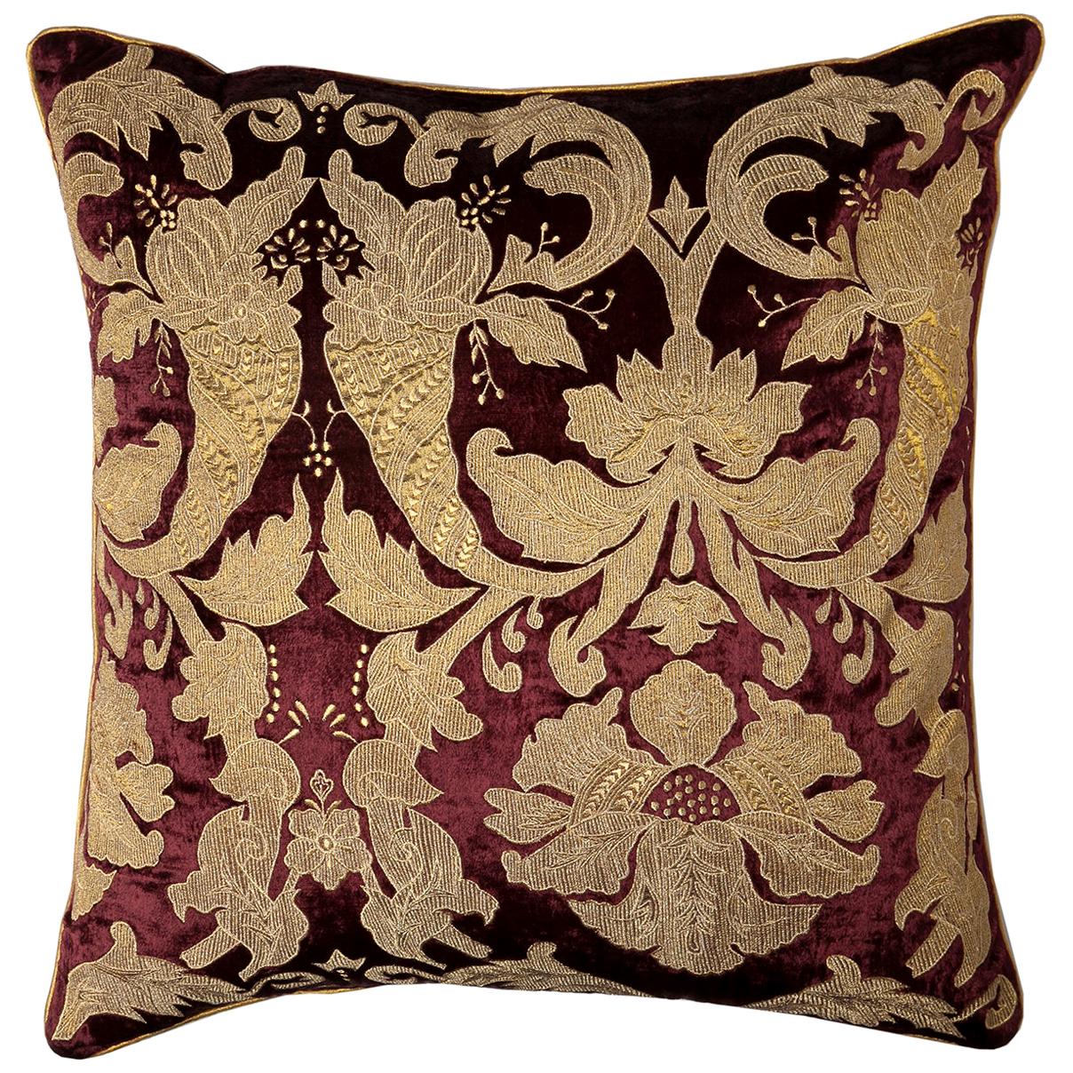 Large Burgundy Velvet Throw Pillow with Gold Embroidery by Zuber For Sale