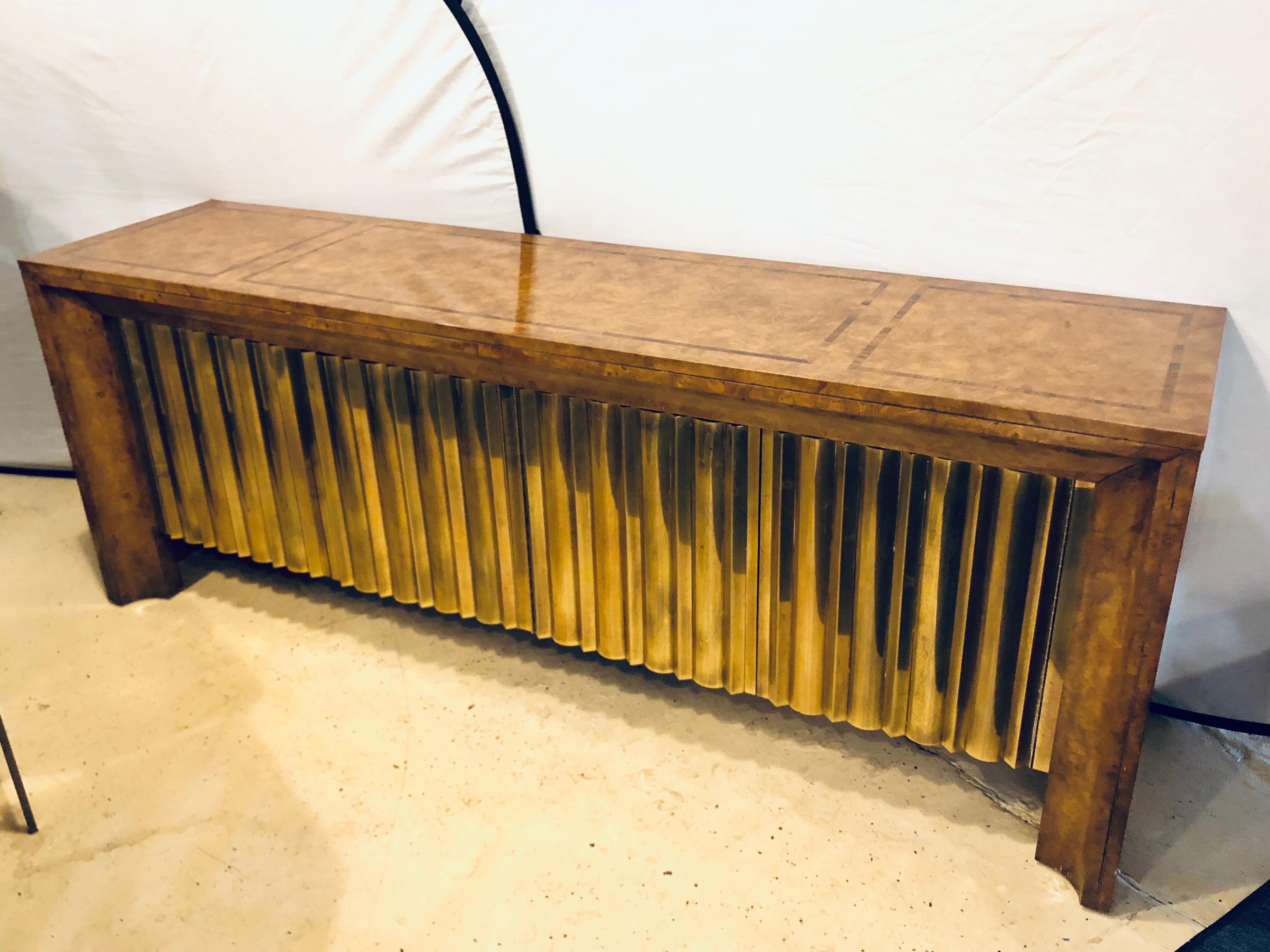 Large burl and brass credenza or buffet with rosewood inlay by Mastercraft, 1970s. Part of a dining table and fourteen chairs sold separately. This piece along with the others would make an outstanding dining set. Impressive large scale credenza,