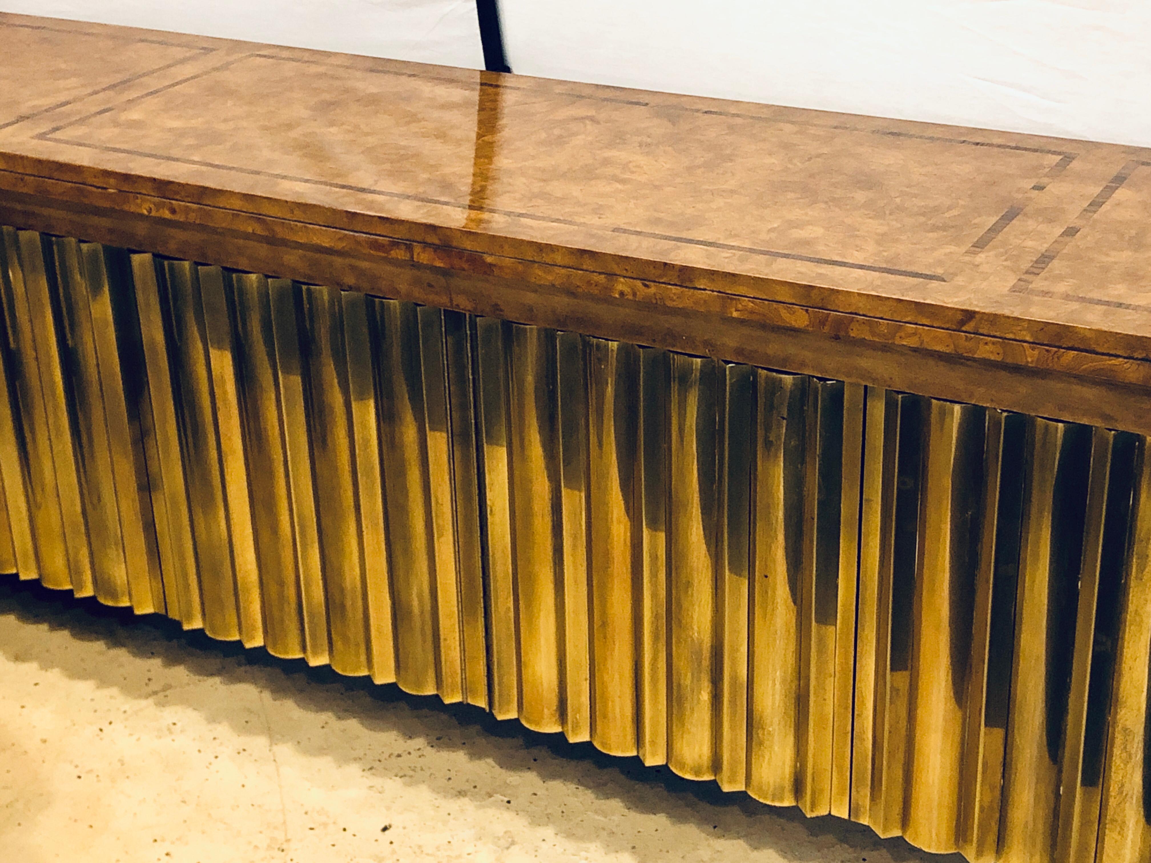 American Large Burl & Brass Credenza or Buffet Sideboard with Rosewood Inlay, Mastercraft