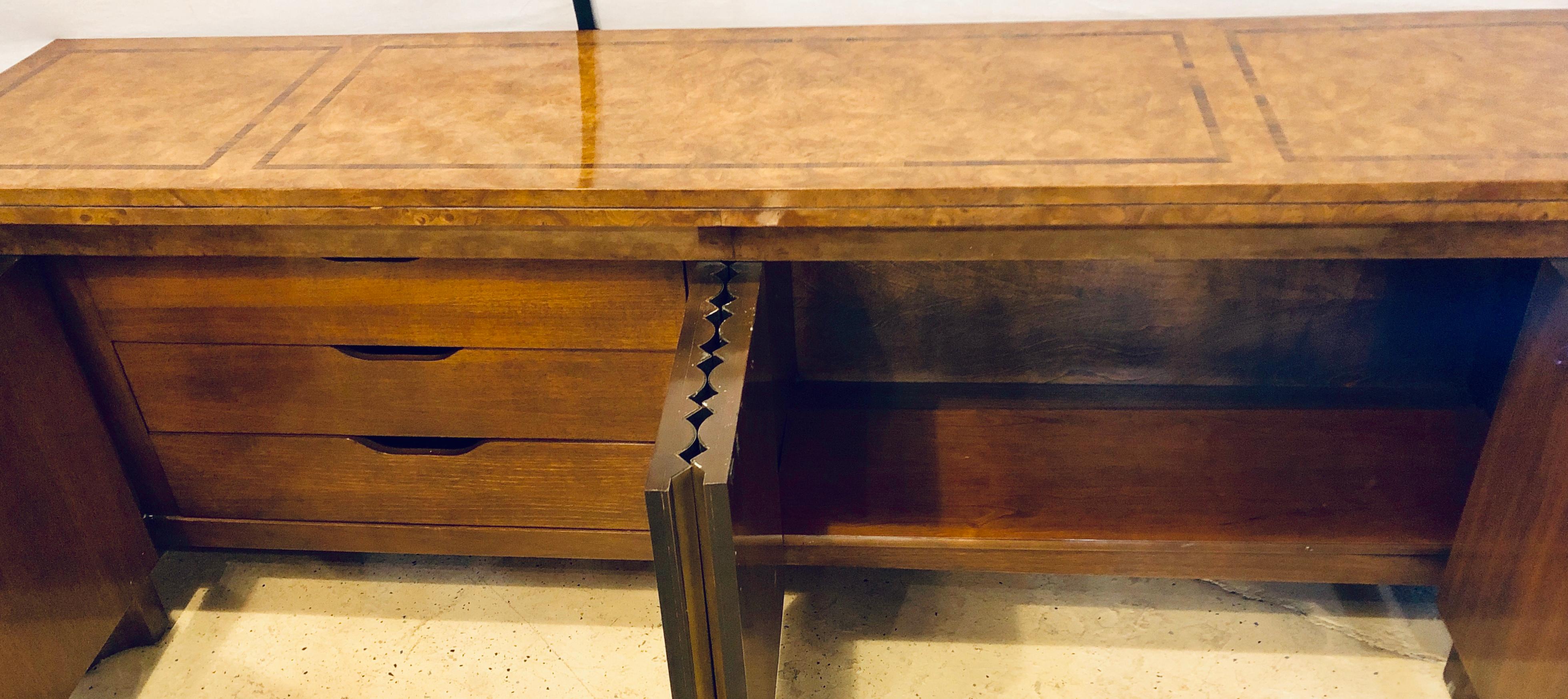 Large Burl & Brass Credenza or Buffet Sideboard with Rosewood Inlay, Mastercraft In Good Condition In Stamford, CT