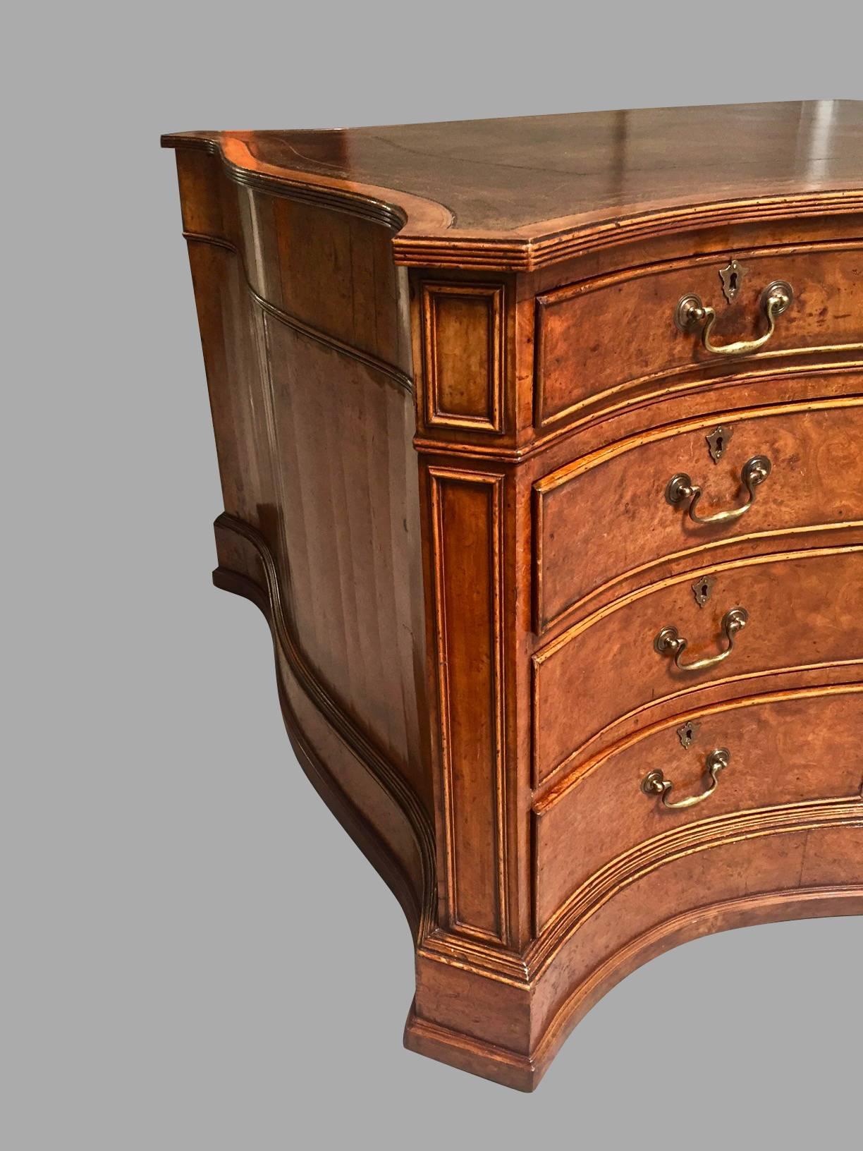 Georgian Large Burl Elm Serpentine Partners Desk with Gilt-Tooled Leather Top