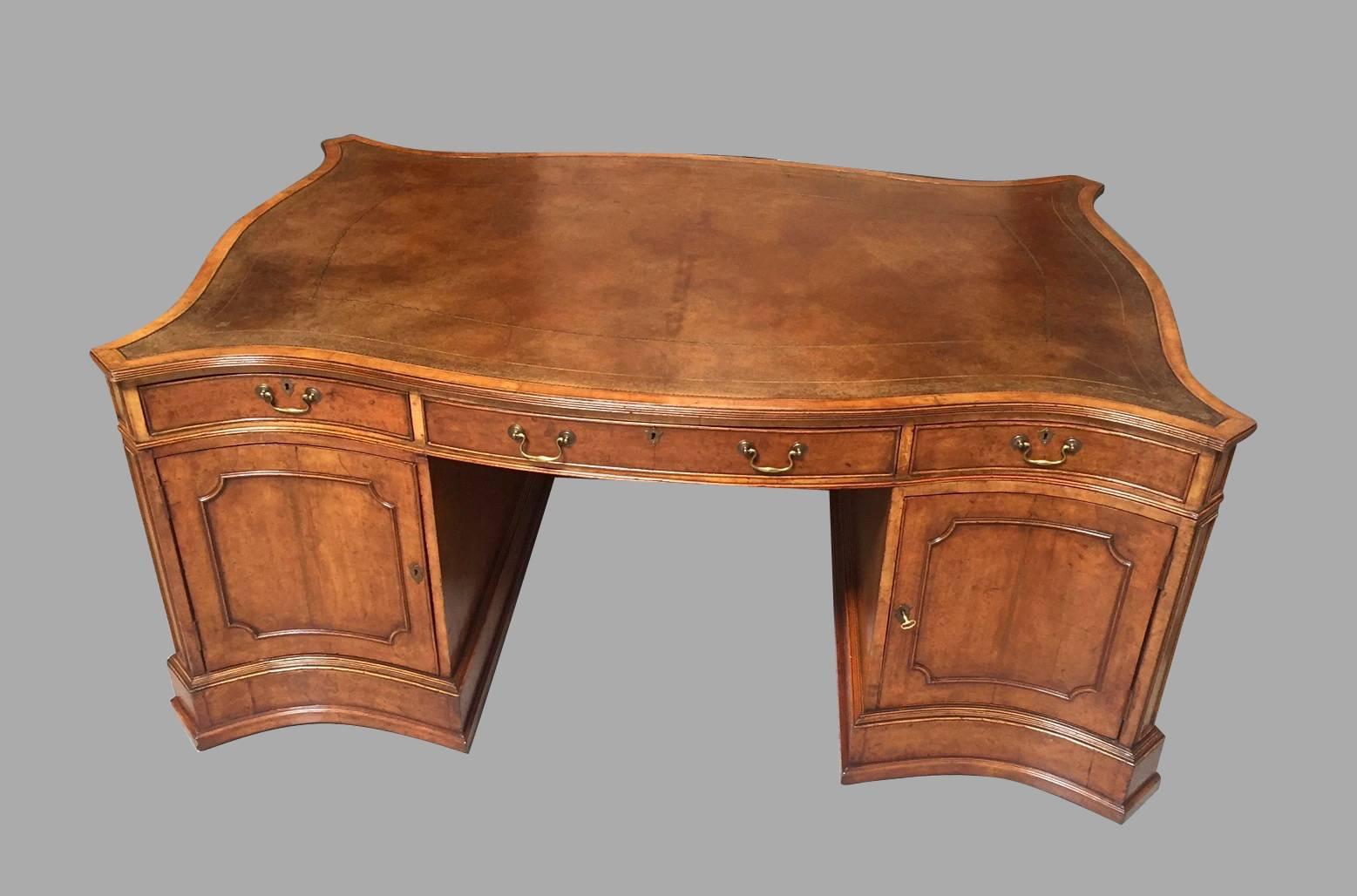 English Large Burl Elm Serpentine Partners Desk with Gilt-Tooled Leather Top