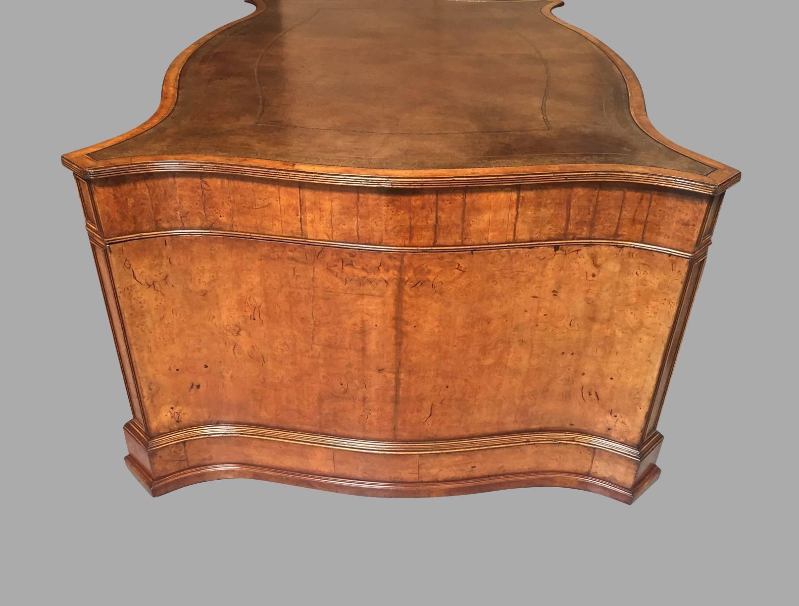 Large Burl Elm Serpentine Partners Desk with Gilt-Tooled Leather Top 2