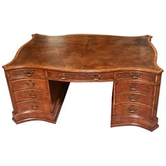 Large Burl Elm Serpentine Partners Desk with Gilt-Tooled Leather Top