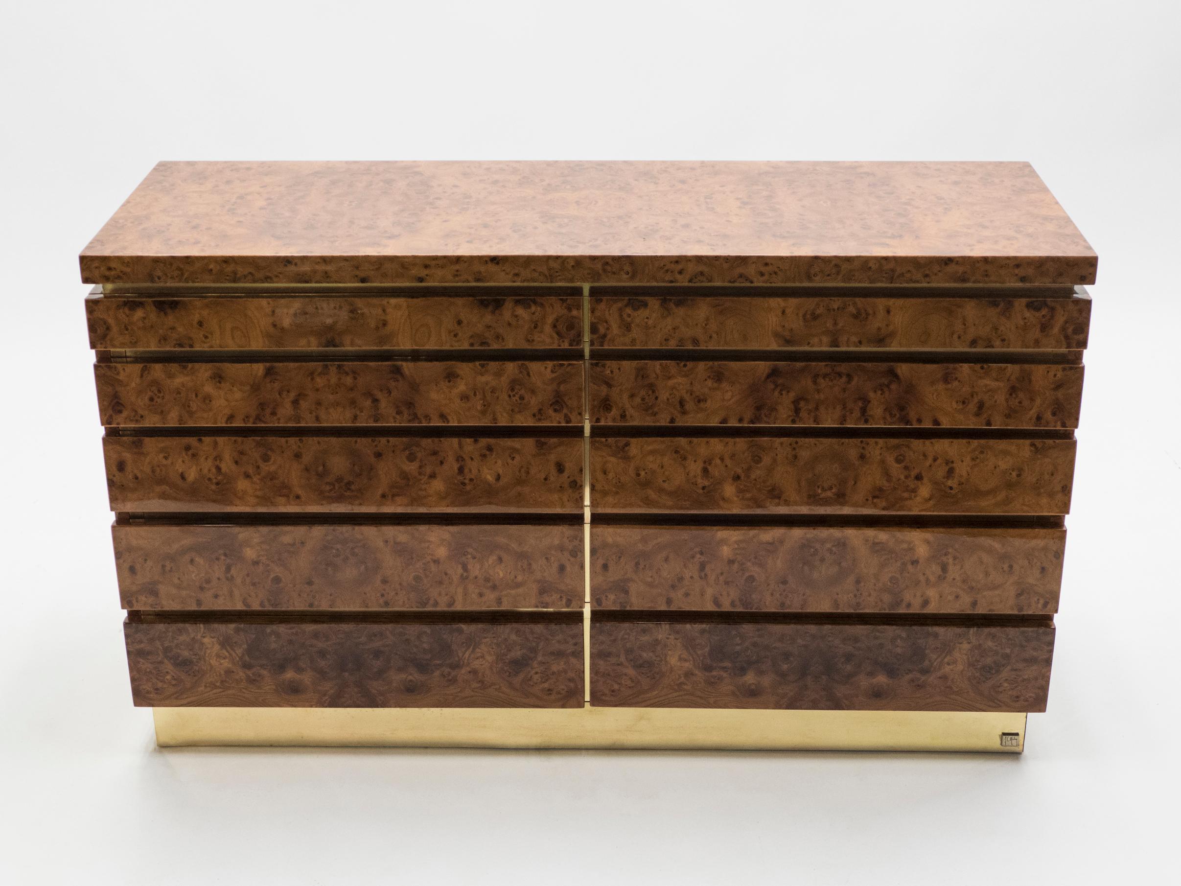 Mid-Century Modern Large Burl Lacquer and Brass Chest of Drawers by J.C. Mahey, 1970s