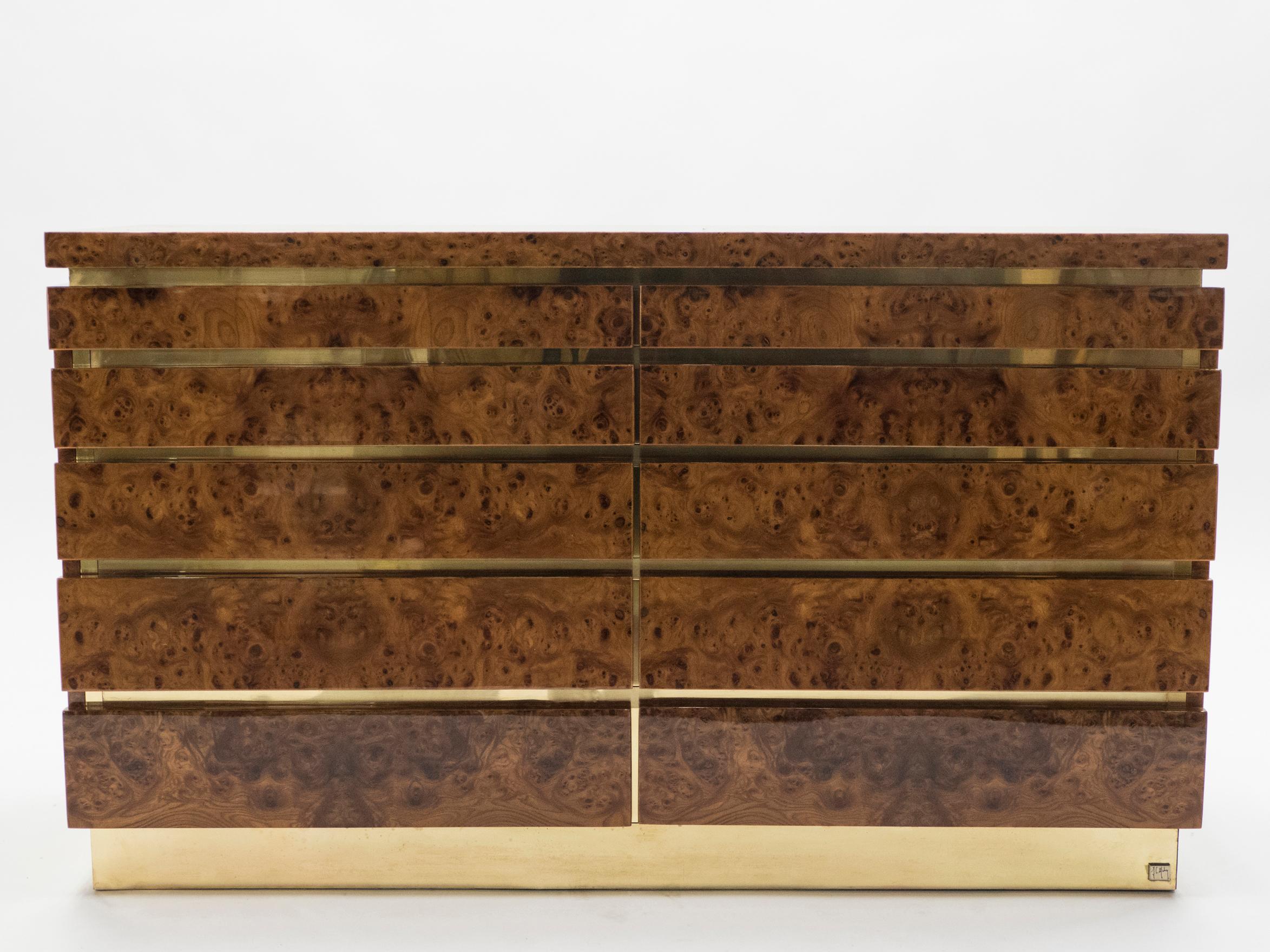Large Burl Lacquer and Brass Chest of Drawers by J.C. Mahey, 1970s (Französisch)