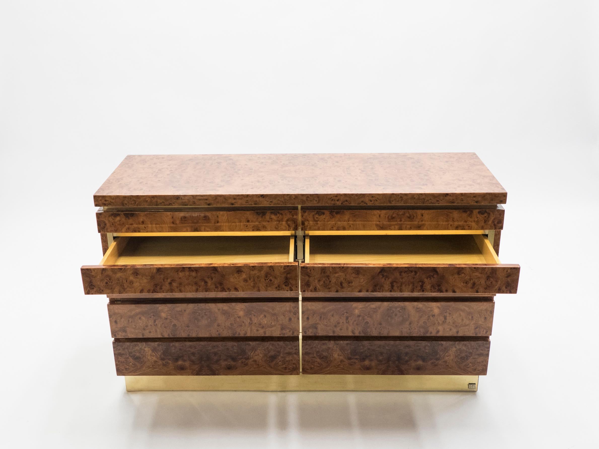 Large Burl Lacquer and Brass Chest of Drawers by J.C. Mahey, 1970s (Messing)