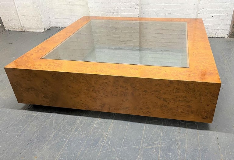Mid-Century Modern Large Burl Wood and Glass Top Coffee Table  For Sale