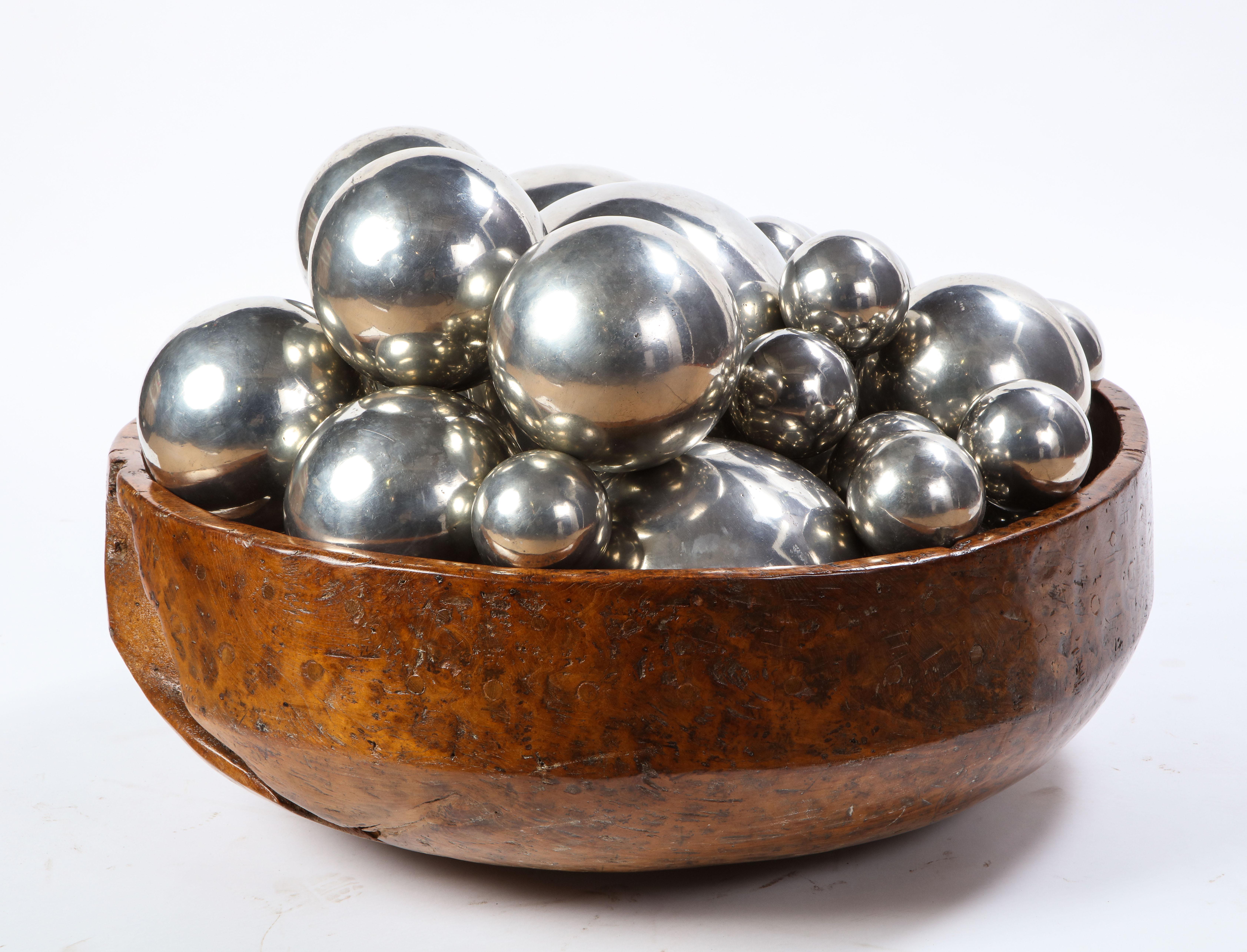 Large Burl Wood Bowl with 31 Metal Spheres, 20th Century In Good Condition In New York, NY