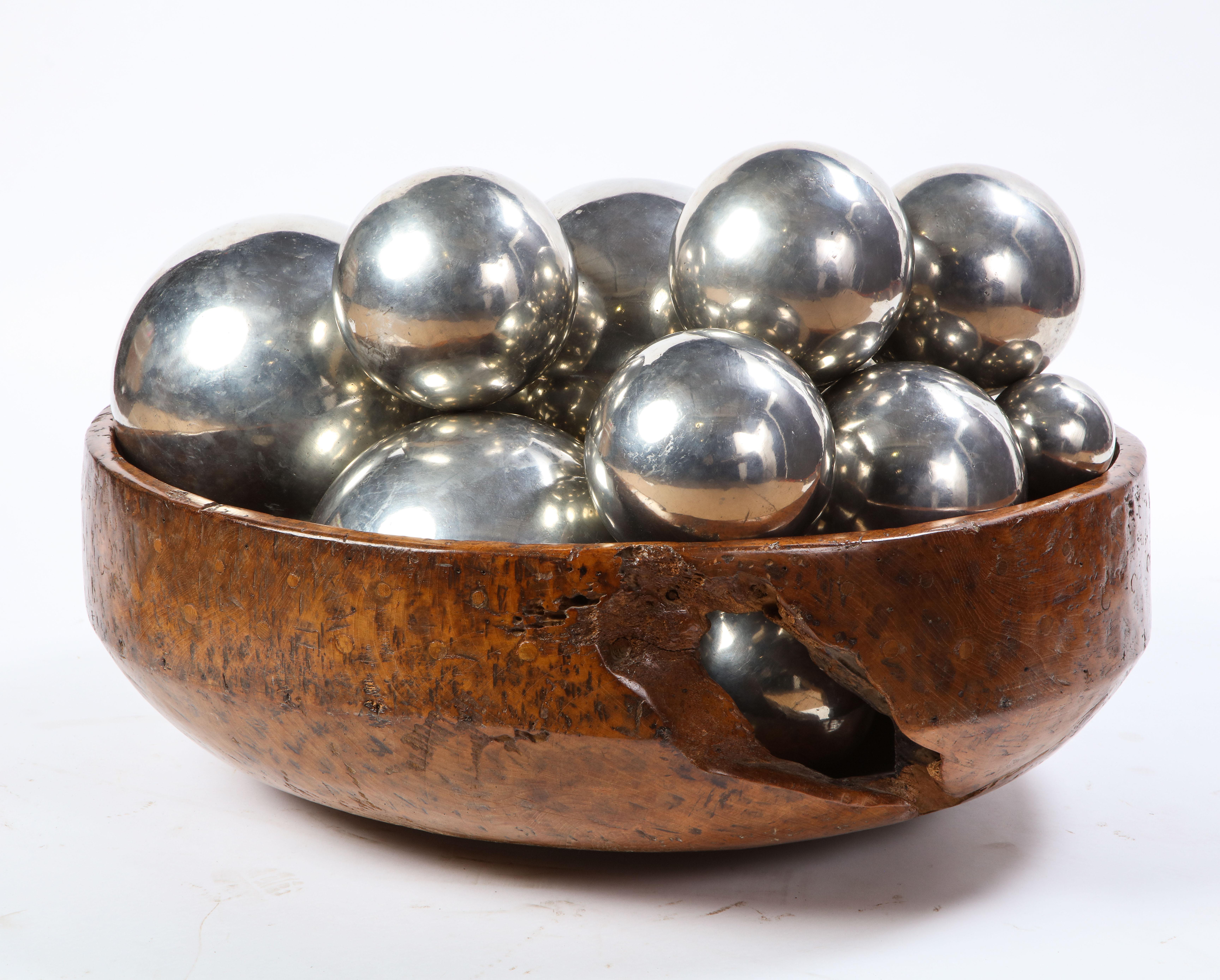 Large Burl Wood Bowl with 31 Metal Spheres, 20th Century 1