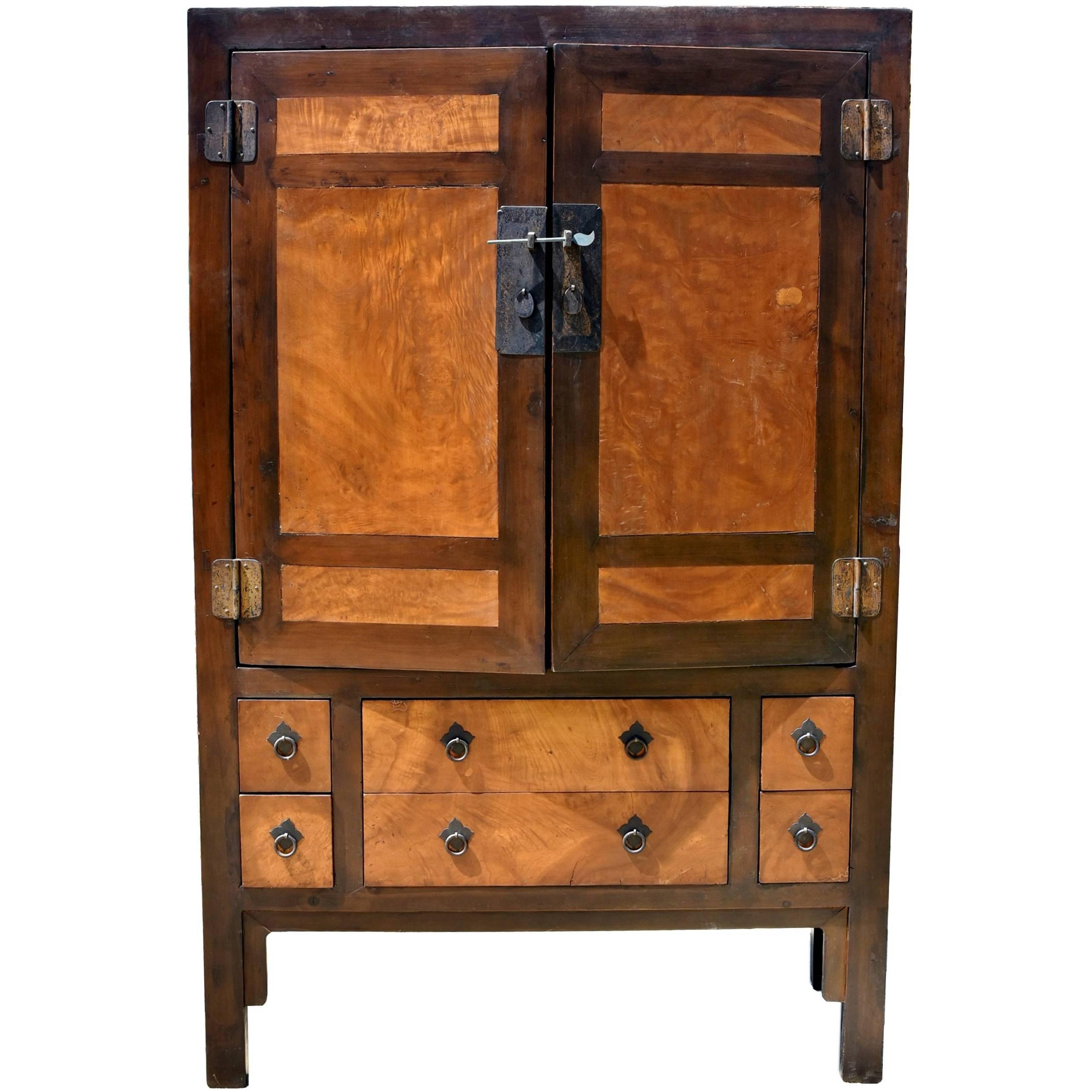 Large Burl Wood Armoire, Brown and Gold Burl Wood Cabinet