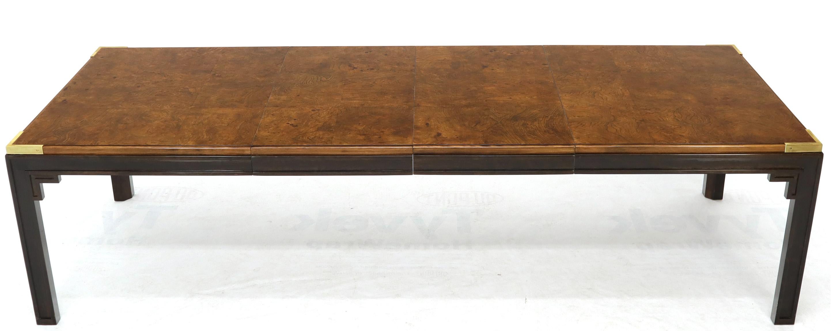 American Large Burlwood Dining Table with Brass Accents and Two Extension Leaves Boards