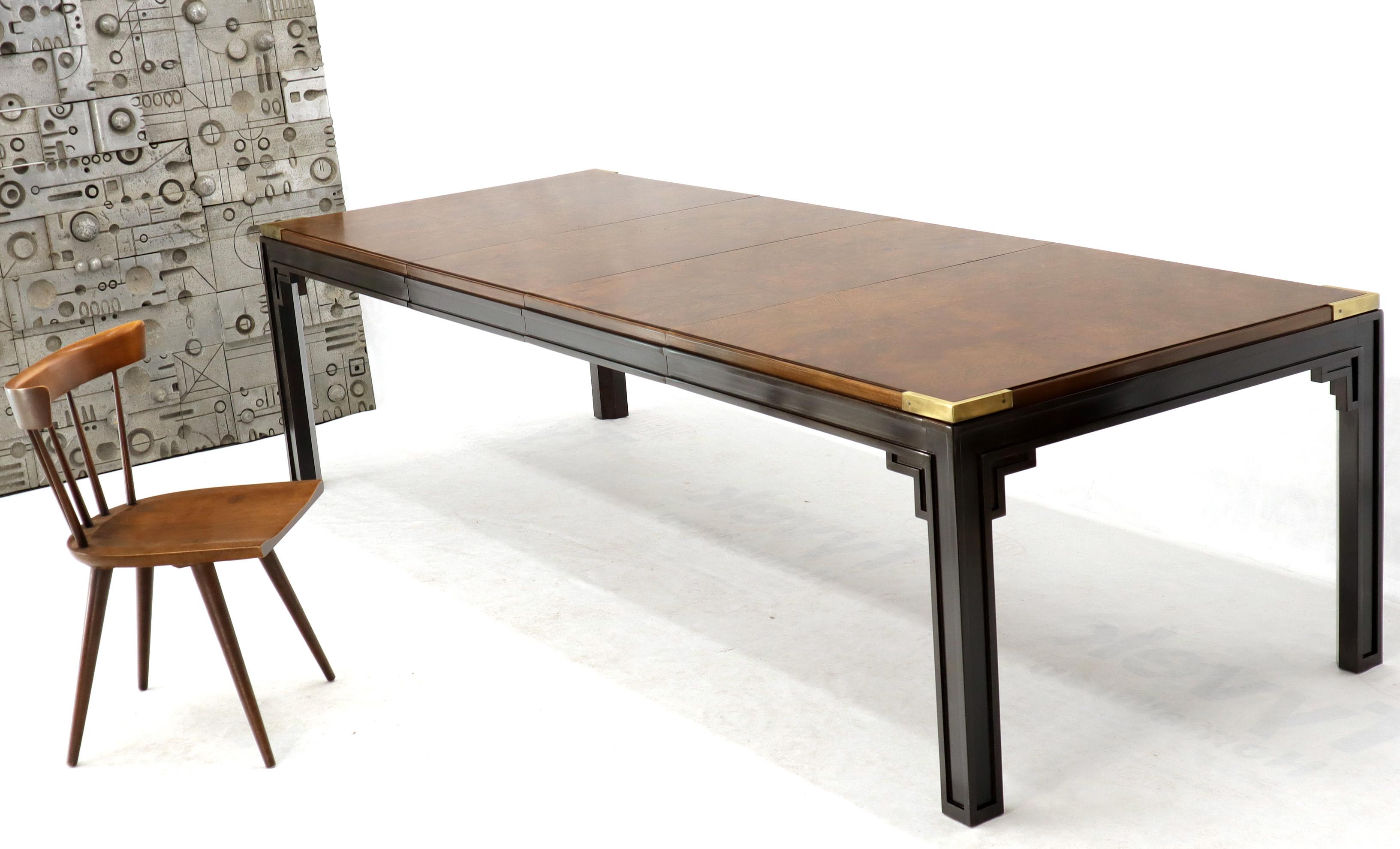 Lacquered Large Burlwood Dining Table with Brass Accents and Two Extension Leaves Boards