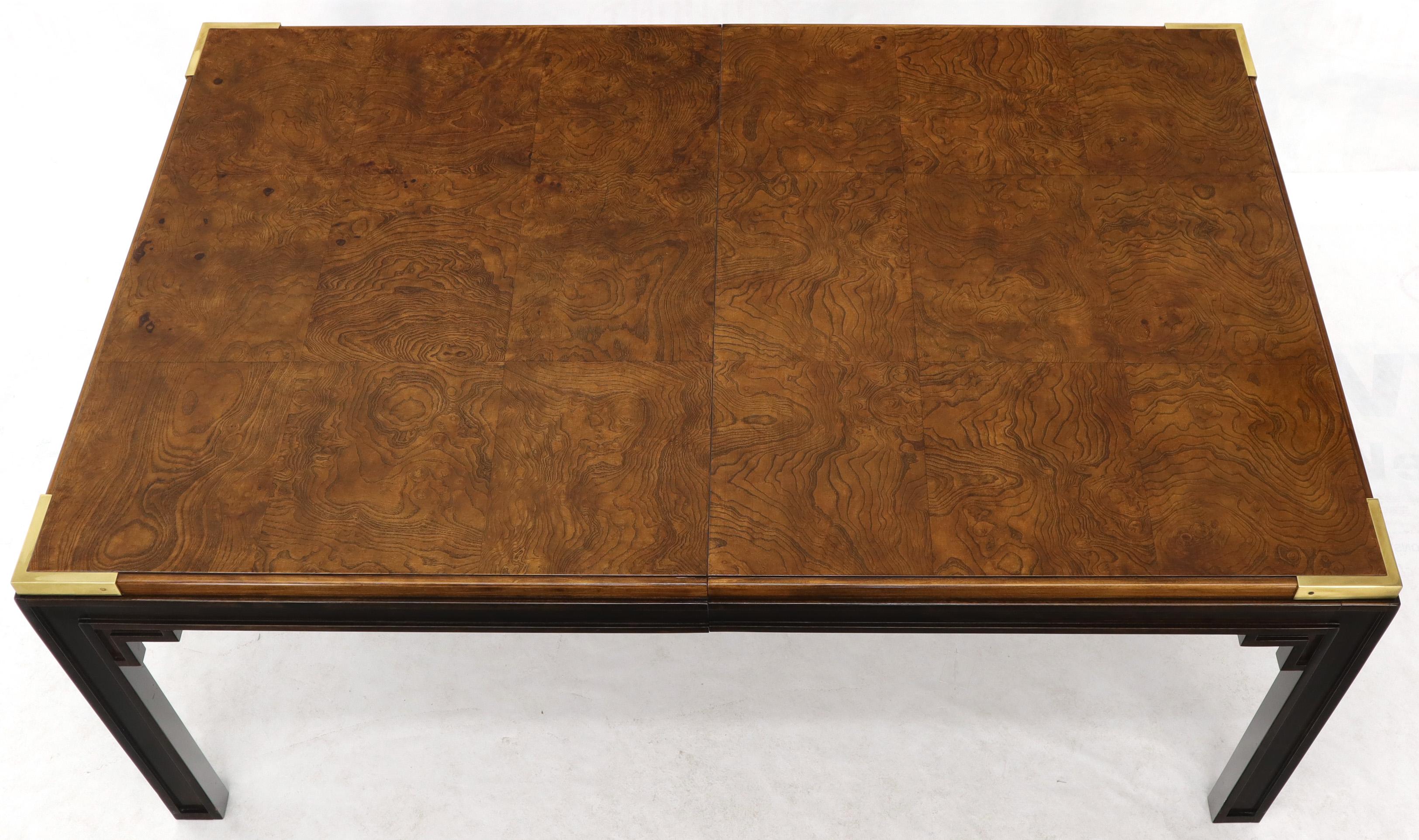 20th Century Large Burlwood Dining Table with Brass Accents and Two Extension Leaves Boards
