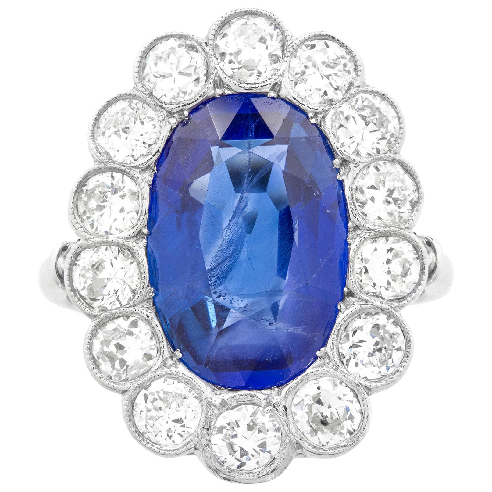 Large Burma Sapphire and Diamond Cluster Ring