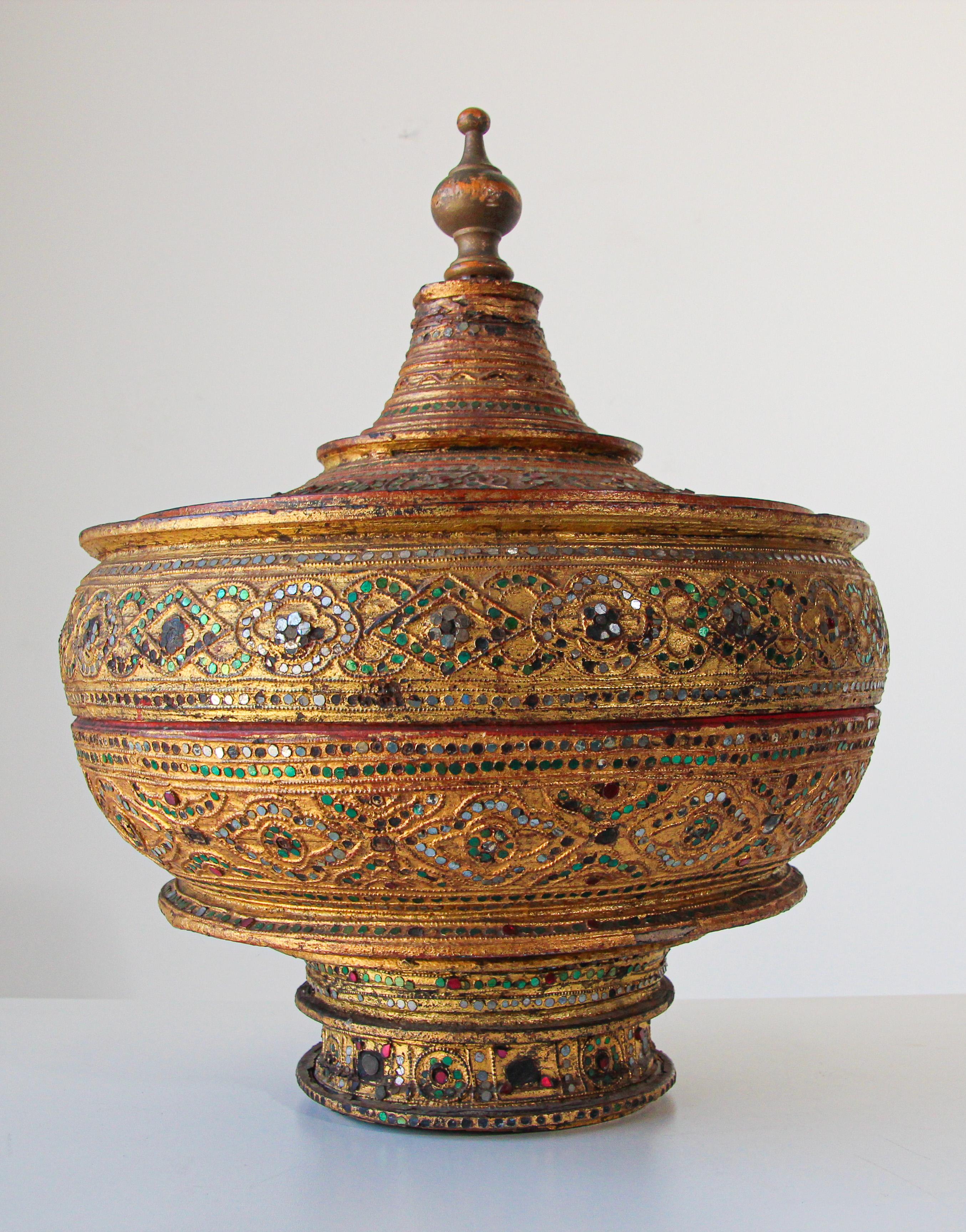 Folk Art Large Burmese Gilt and Lacquered Wood Temple Offering Basket