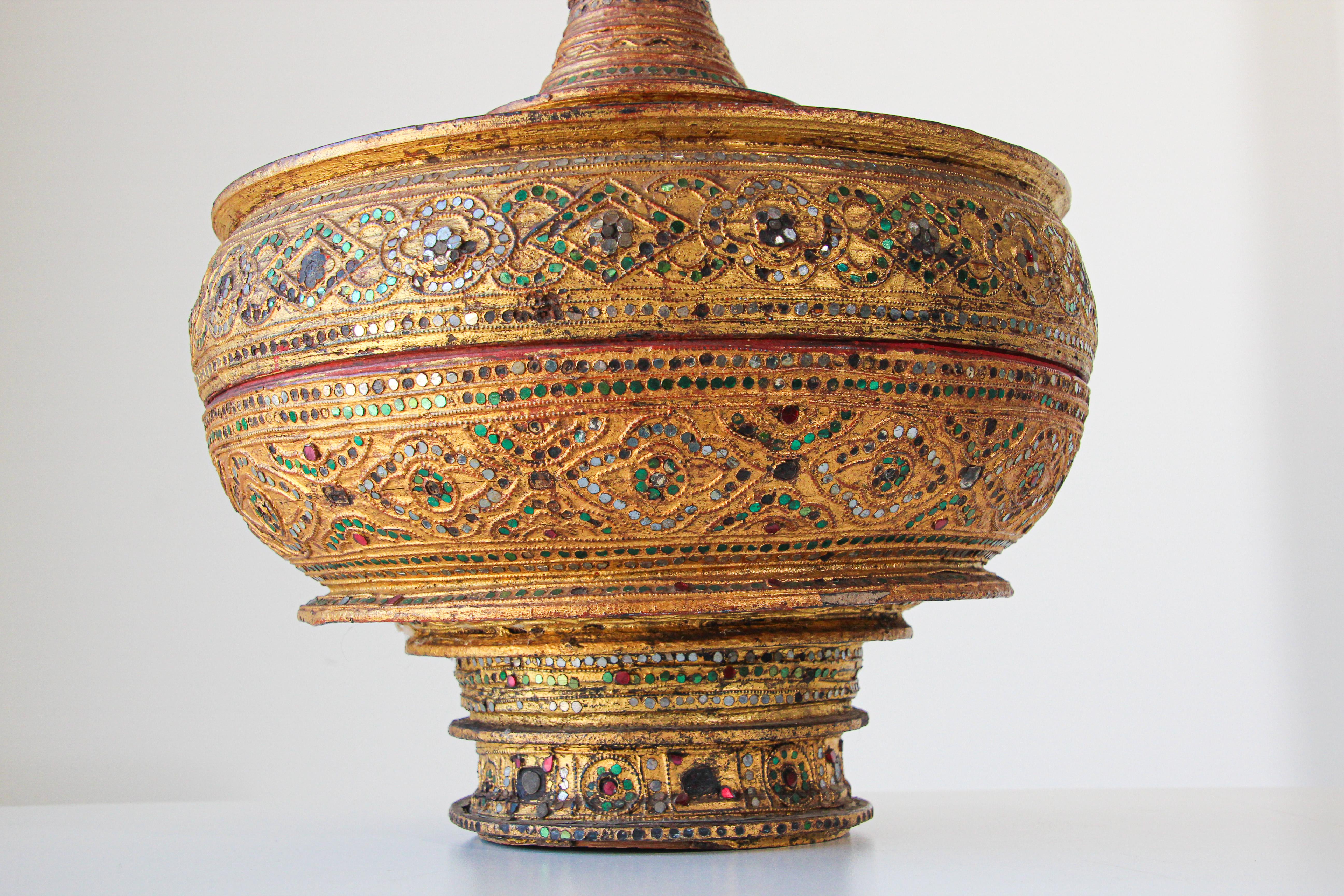 Hand-Crafted Large Burmese Gilt and Lacquered Wood Temple Offering Basket