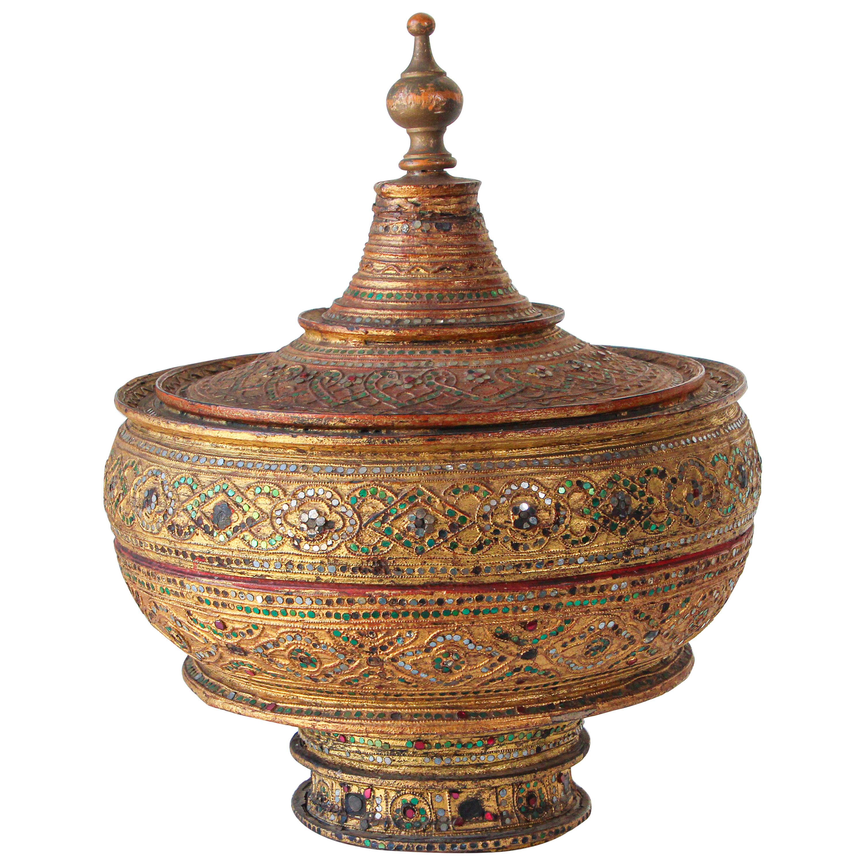 Large Burmese Gilt and Lacquered Wood Temple Offering Basket