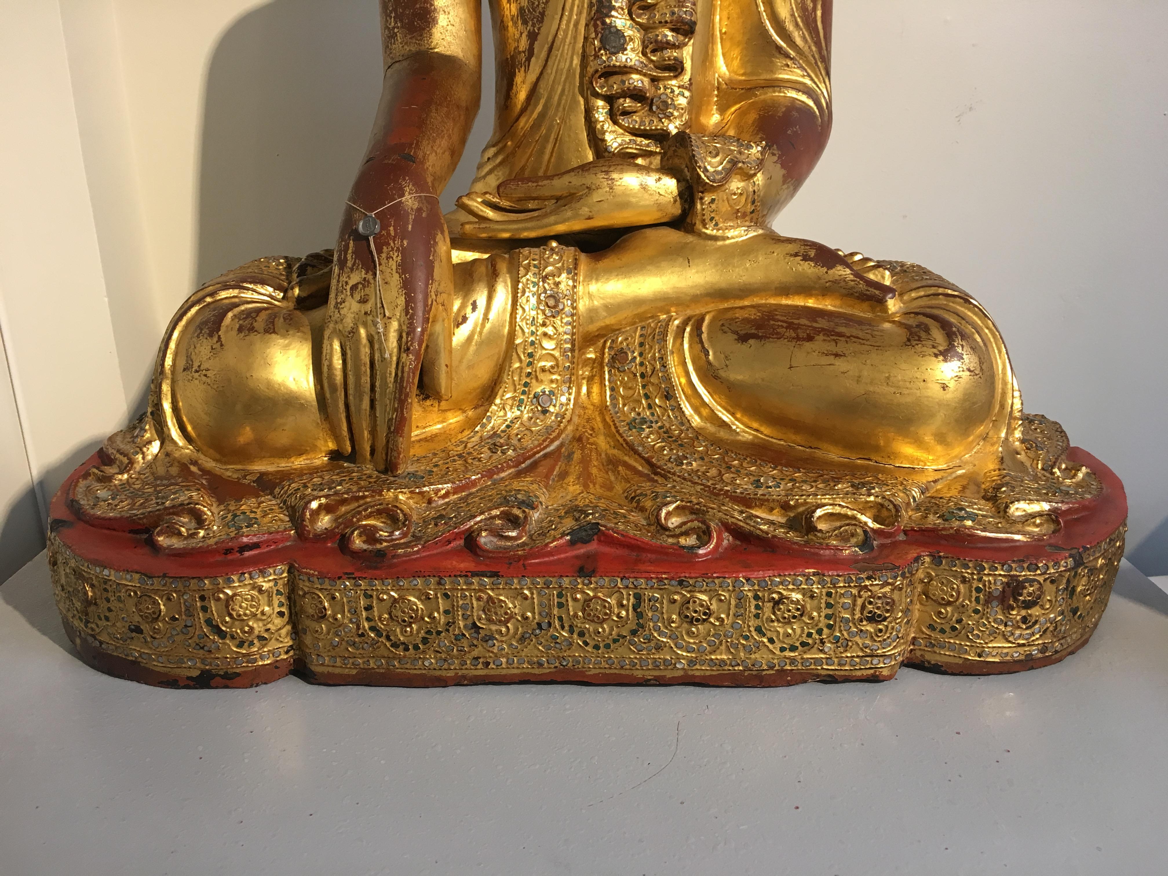 Large Burmese Mandalay Period Carved, Lacquered and Gilt Teak Buddha, circa 1900 5