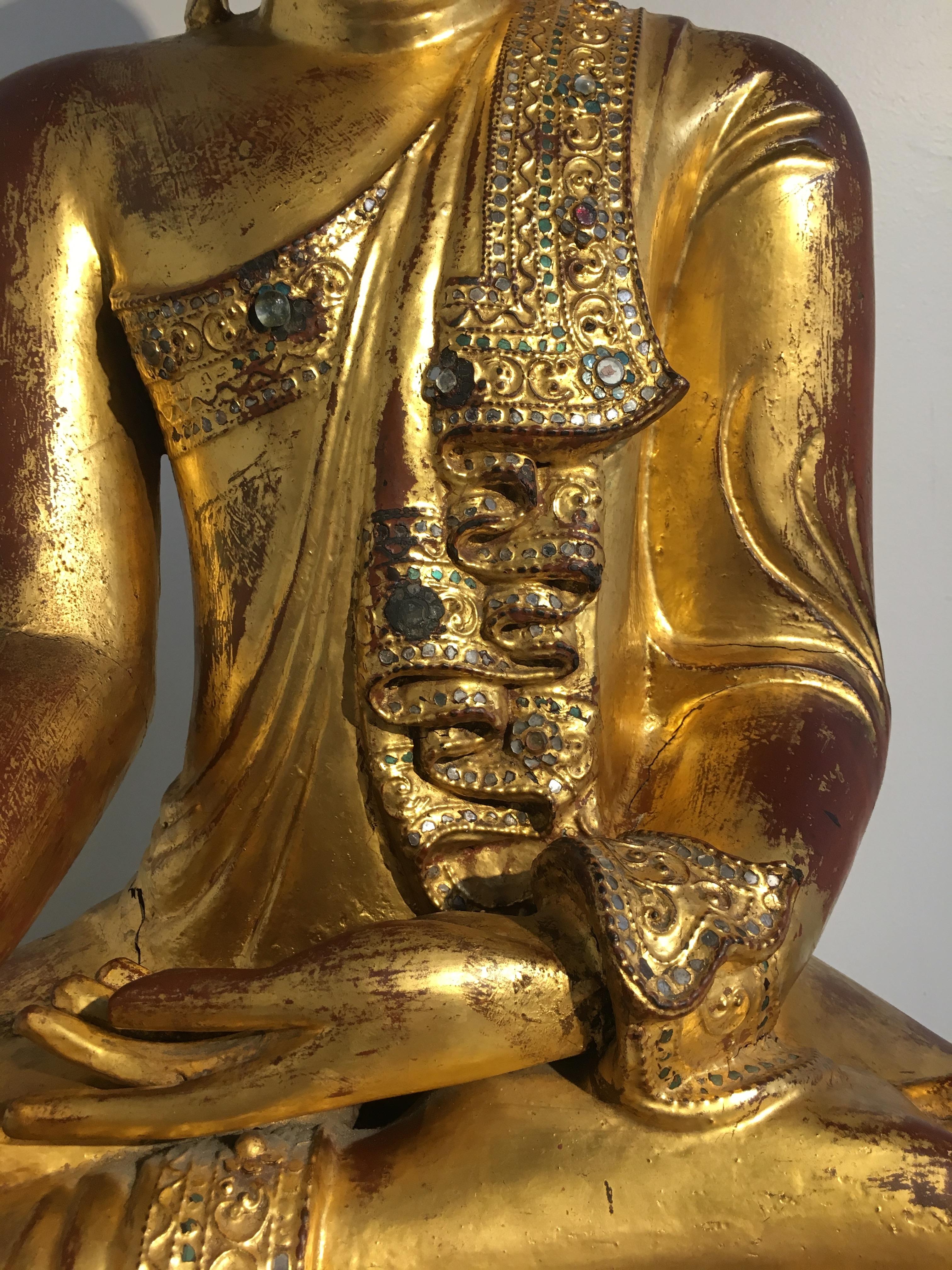 Large Burmese Mandalay Period Carved, Lacquered and Gilt Teak Buddha, circa 1900 6