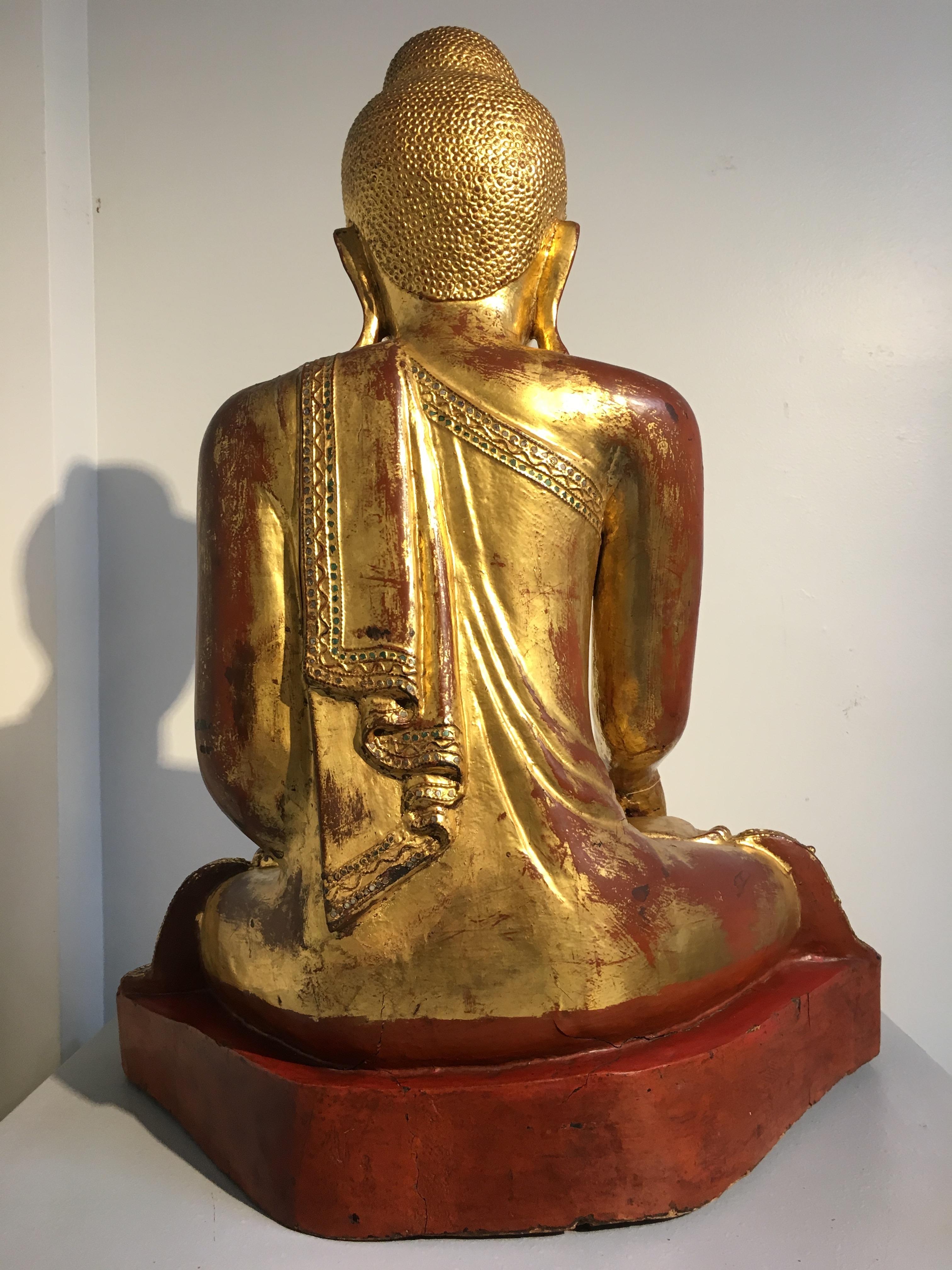 Large Burmese Mandalay Period Carved, Lacquered and Gilt Teak Buddha, circa 1900 In Fair Condition In Austin, TX