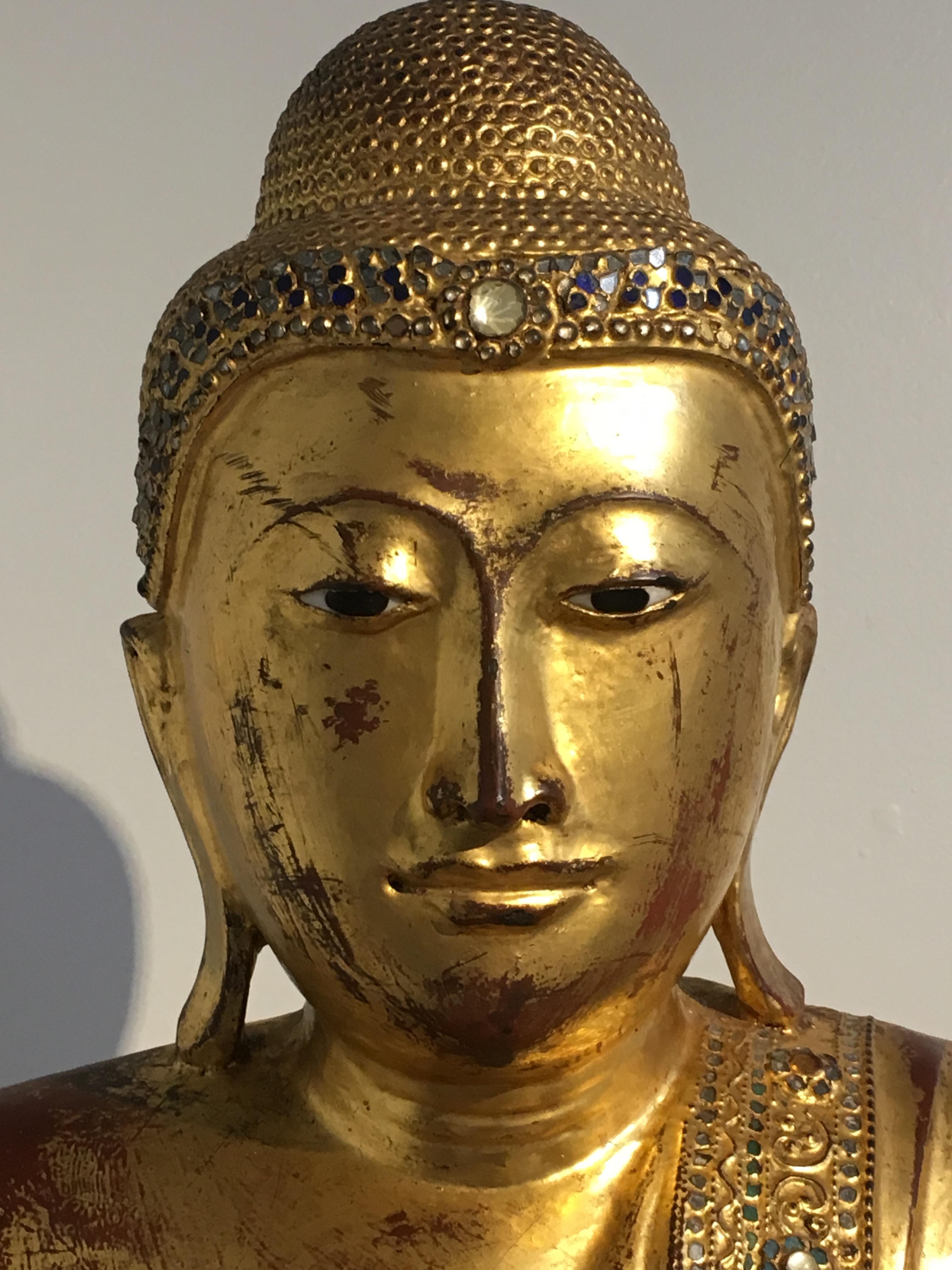 Large Burmese Mandalay Period Carved, Lacquered and Gilt Teak Buddha, circa 1900 1