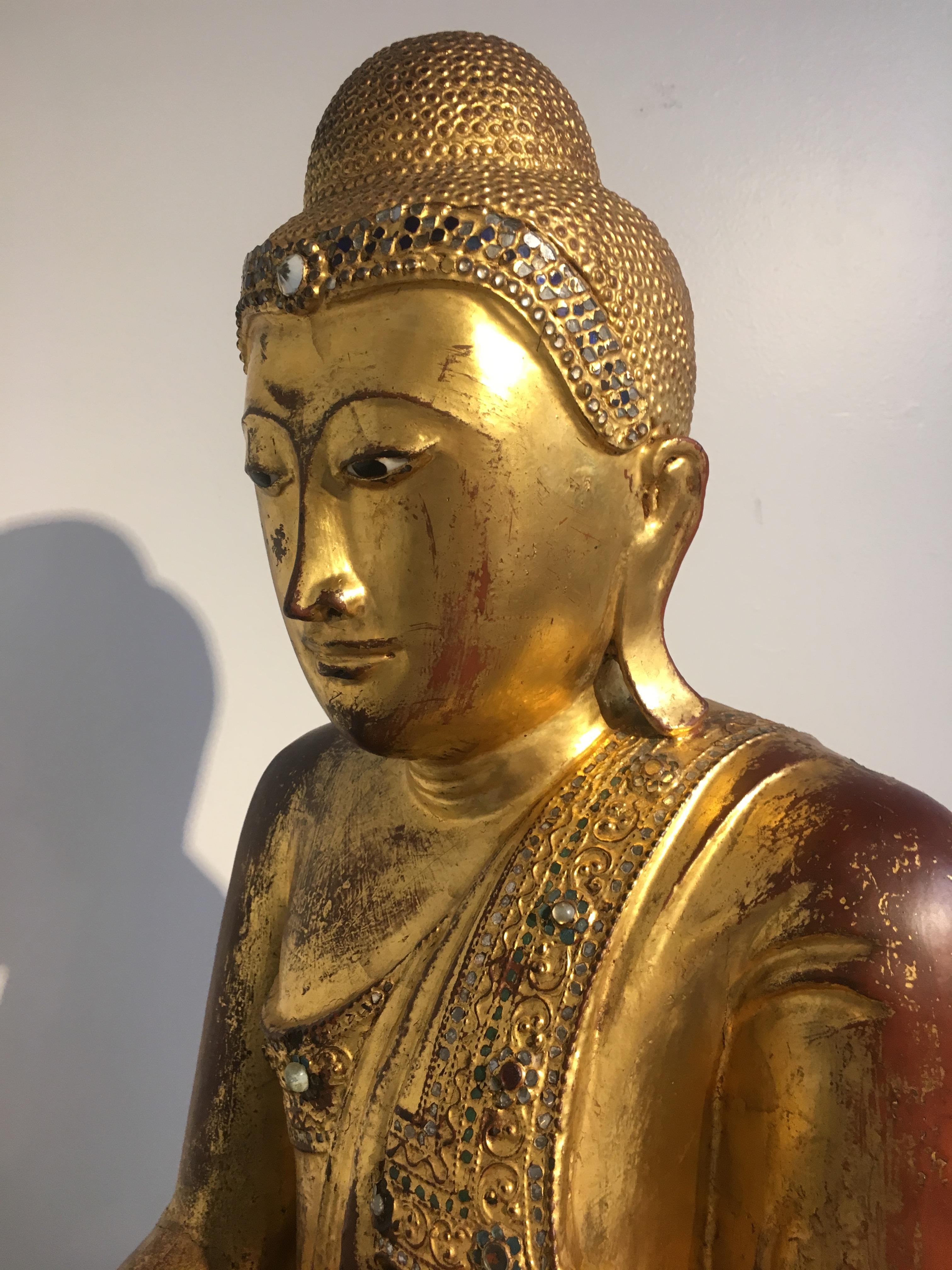 Large Burmese Mandalay Period Carved, Lacquered and Gilt Teak Buddha, circa 1900 3