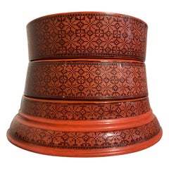 Large Burmese Red and Black Lacquer Tiered Round Box, Early to Mid-20th Century