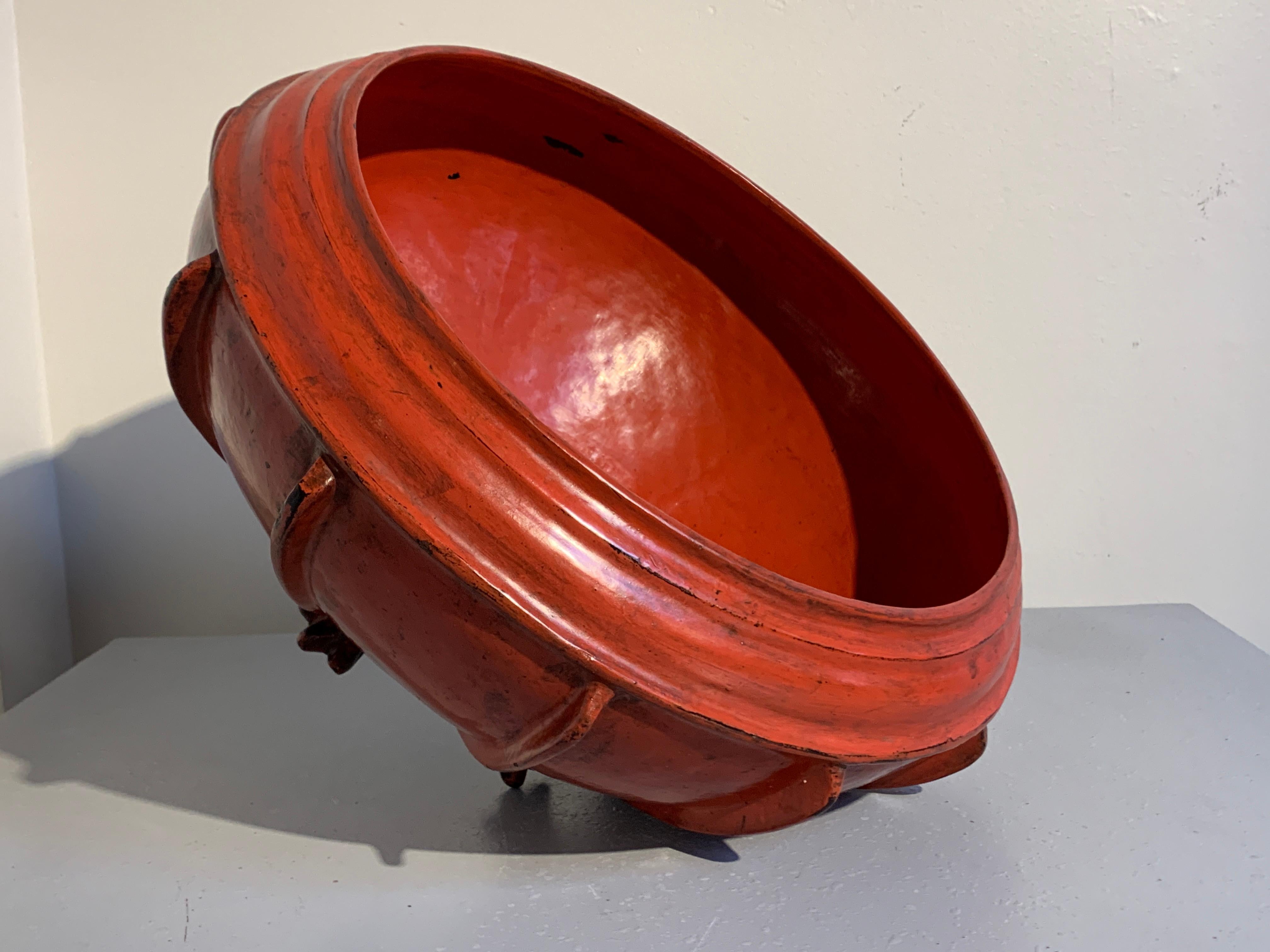 Bamboo Large Burmese Red Lacquer Large Offering Bowl, Late 19th or Early 20th Century