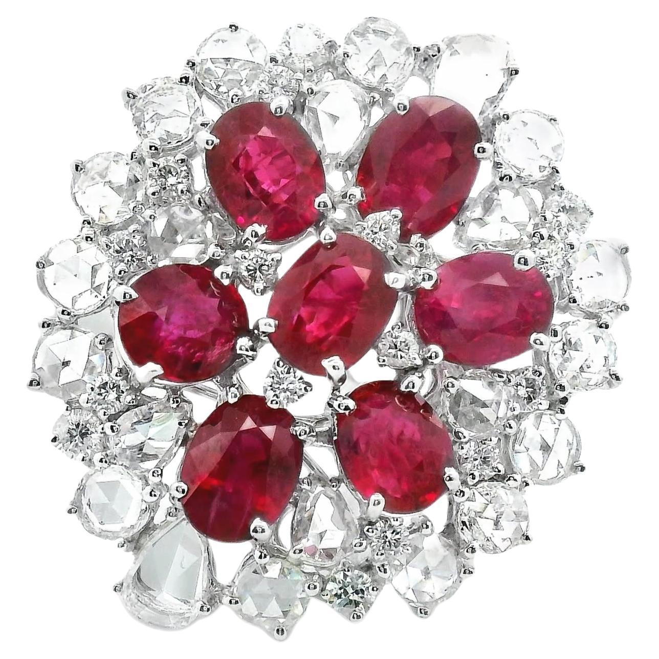 Large Burmese Ruby and Rose Cut Diamond 18k White Gold Cluster Cocktail Ring