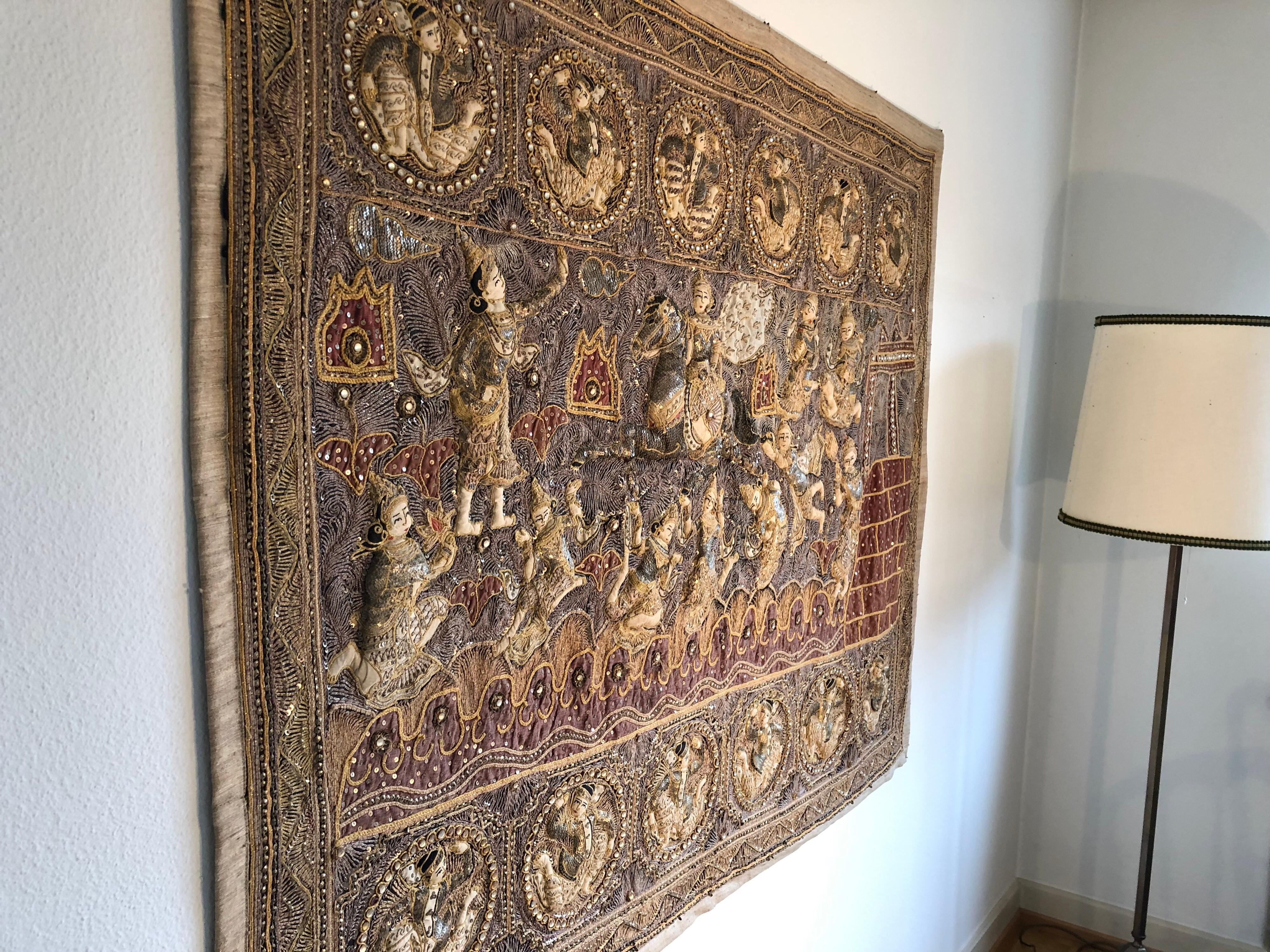 Anglo Raj Large Burmese Silk Linen Heavily Embroidered Applique Figures Kalaga Tapestry