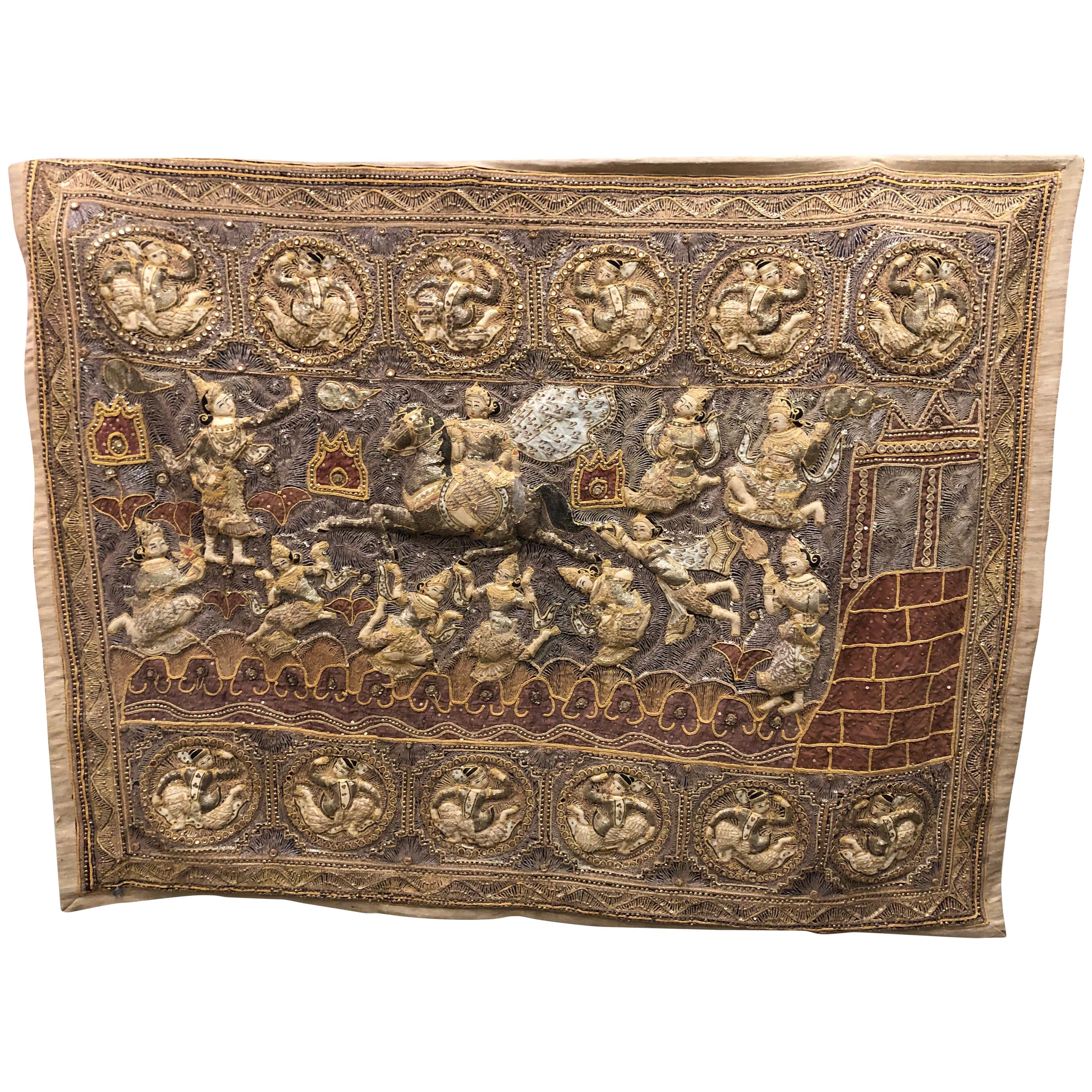 Large Burmese Silk Linen Heavily Embroidered Applique Figures Kalaga Tapestry