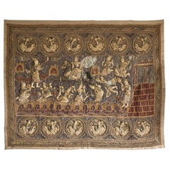 Large Burmese Silk Linen Heavily Embroidered Applique Figures Kalaga Tapestry
