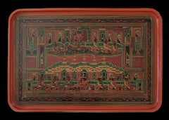 Large Burmese Yun Lacquer & Bamboo Tray - Court Scene - Myanmar - Early 20th C.