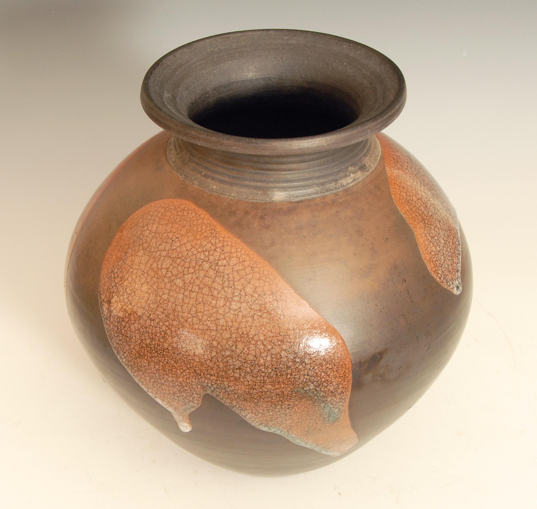 Modern Large Burnished Raku Pot or Vase with Crackle Glaze by Tim Andrews UK For Sale