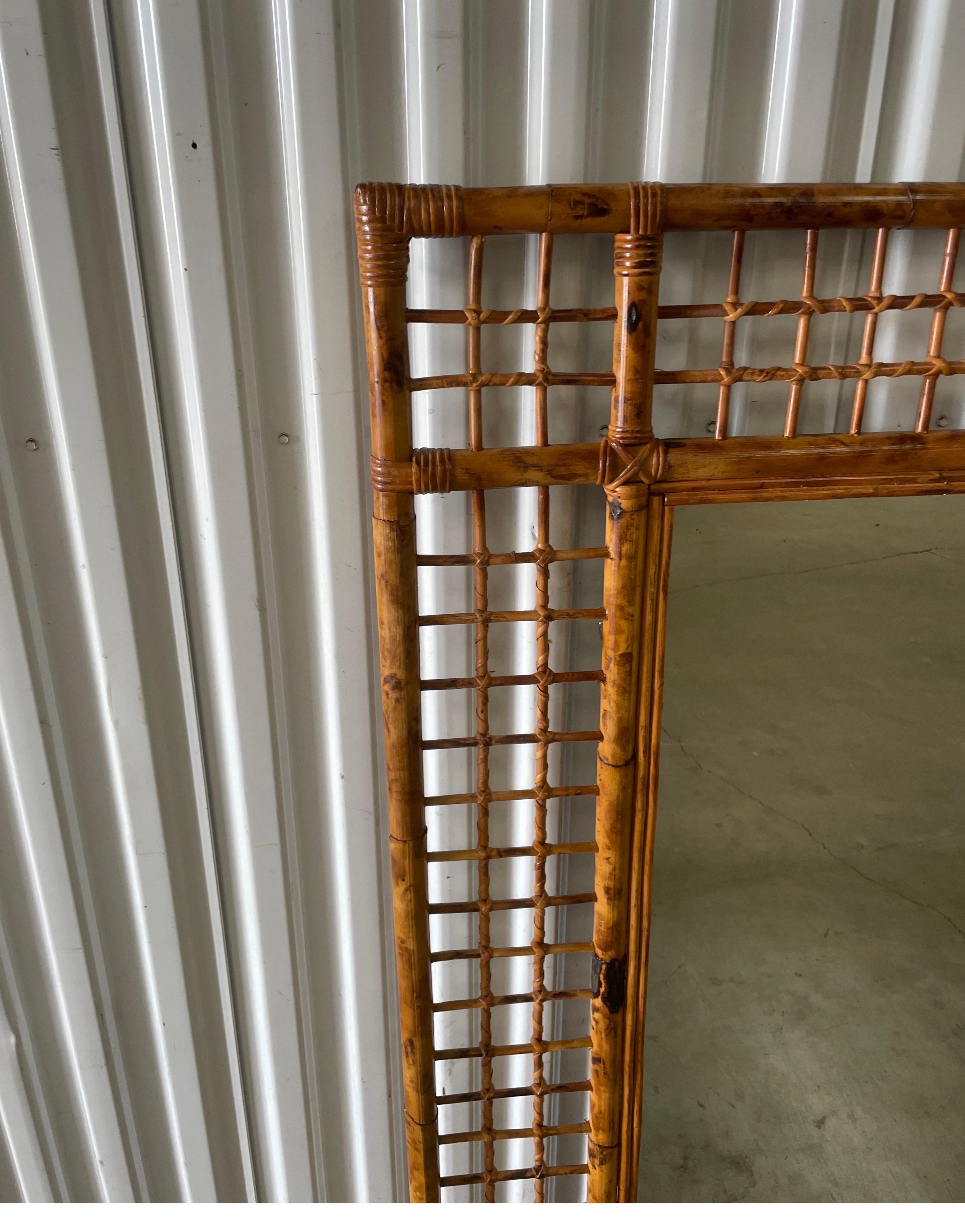 Large vintage burnt bamboo mirror with square lattice border surround. Very fine quality in excellent condition.