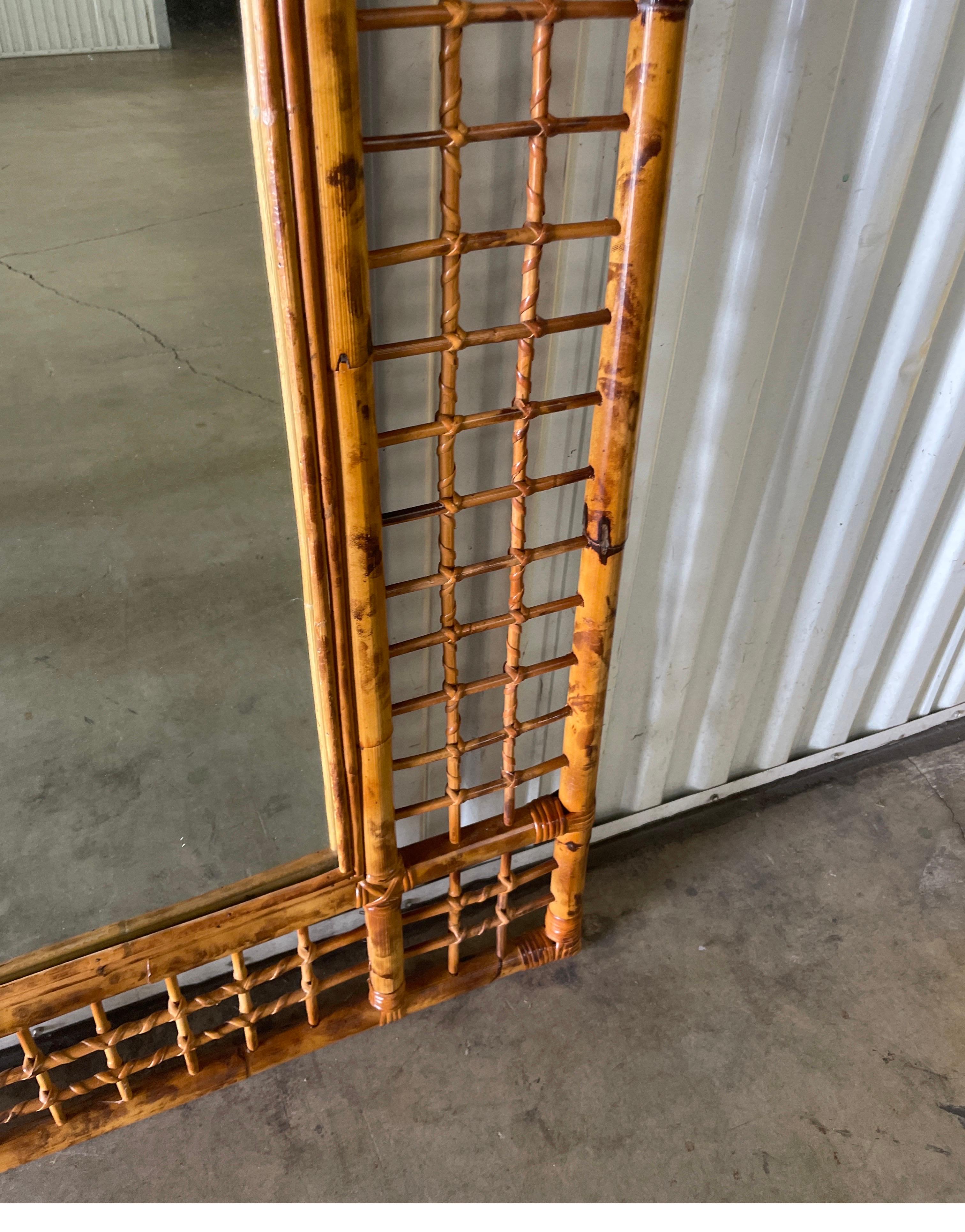 Large Burnt Bamboo Lattice Frame Wall Mirror In Good Condition For Sale In West Palm Beach, FL