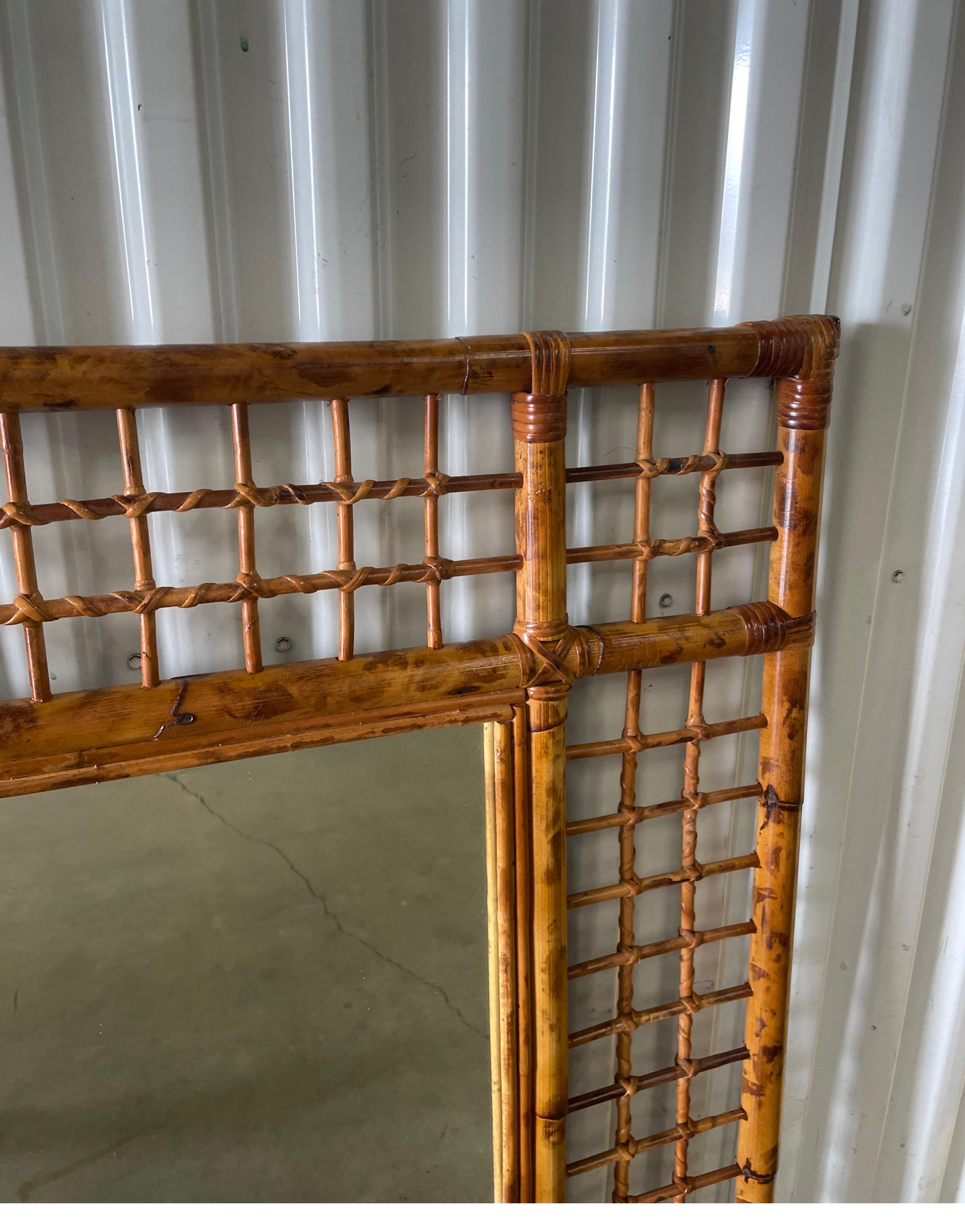 20th Century Large Burnt Bamboo Lattice Frame Wall Mirror For Sale