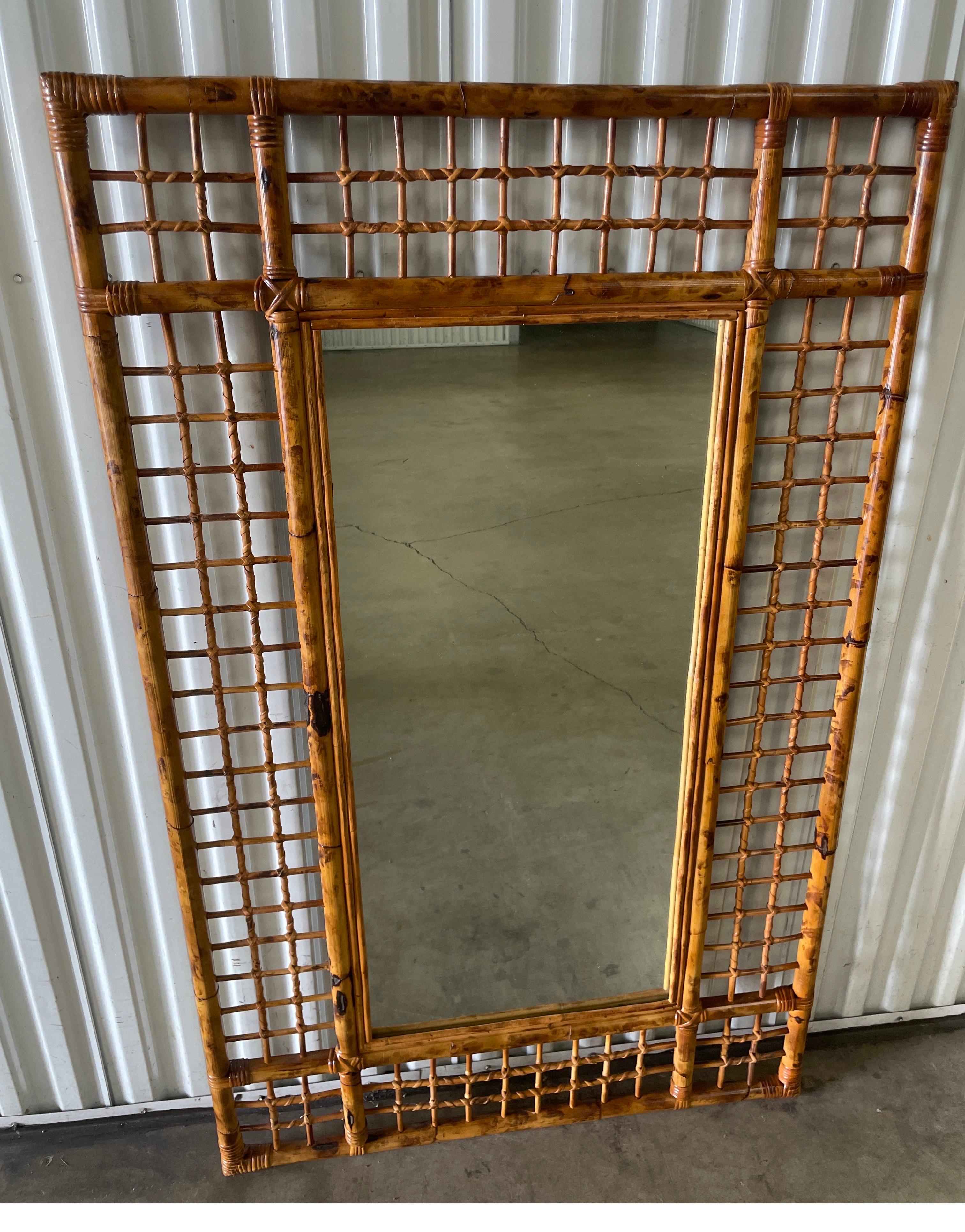 Large Burnt Bamboo Lattice Frame Wall Mirror For Sale 1